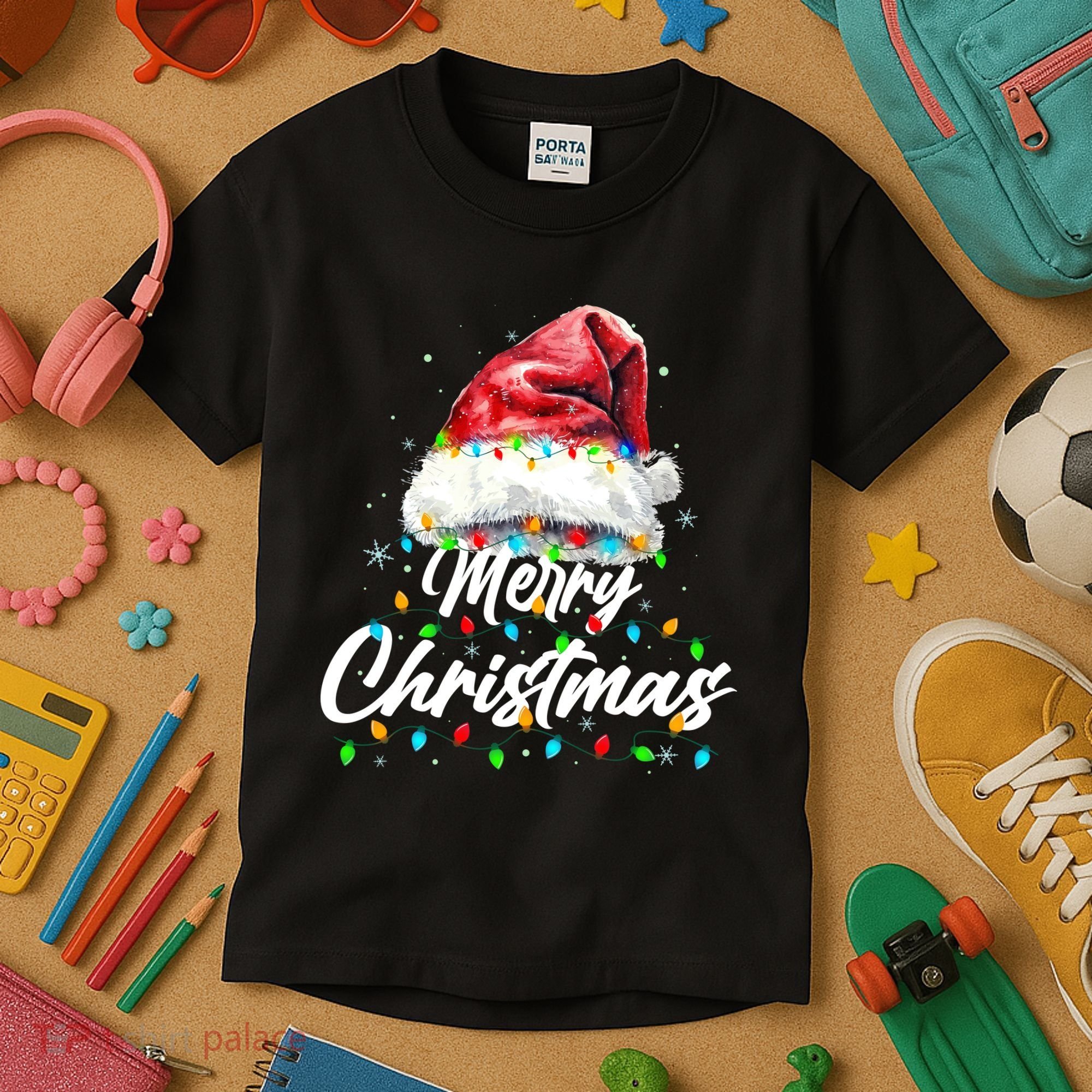 Festive Merry Christmas Santa Hat Christmas Lights Kids T-Shirt