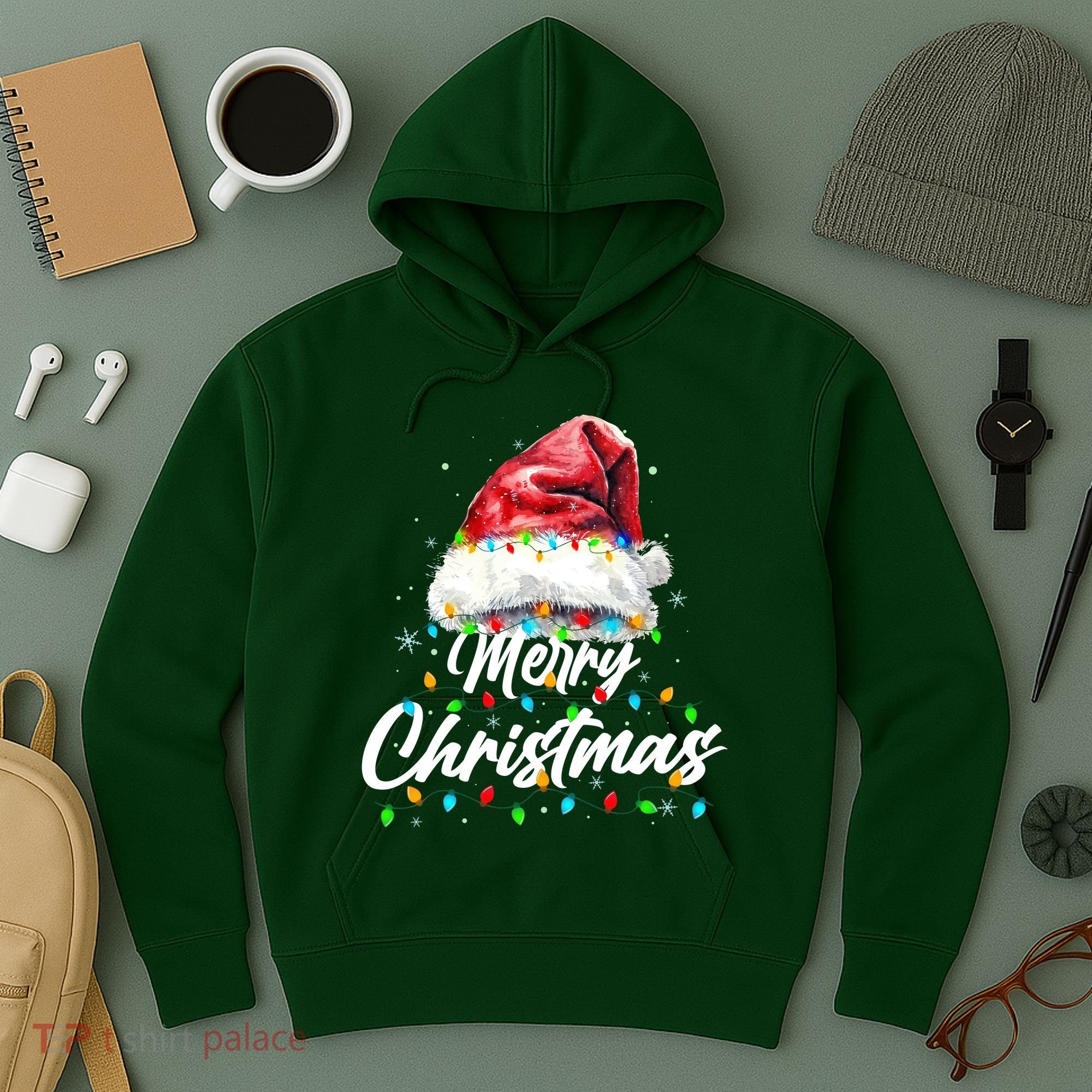 Festive Merry Christmas Santa Hat Christmas Lights Hoodie