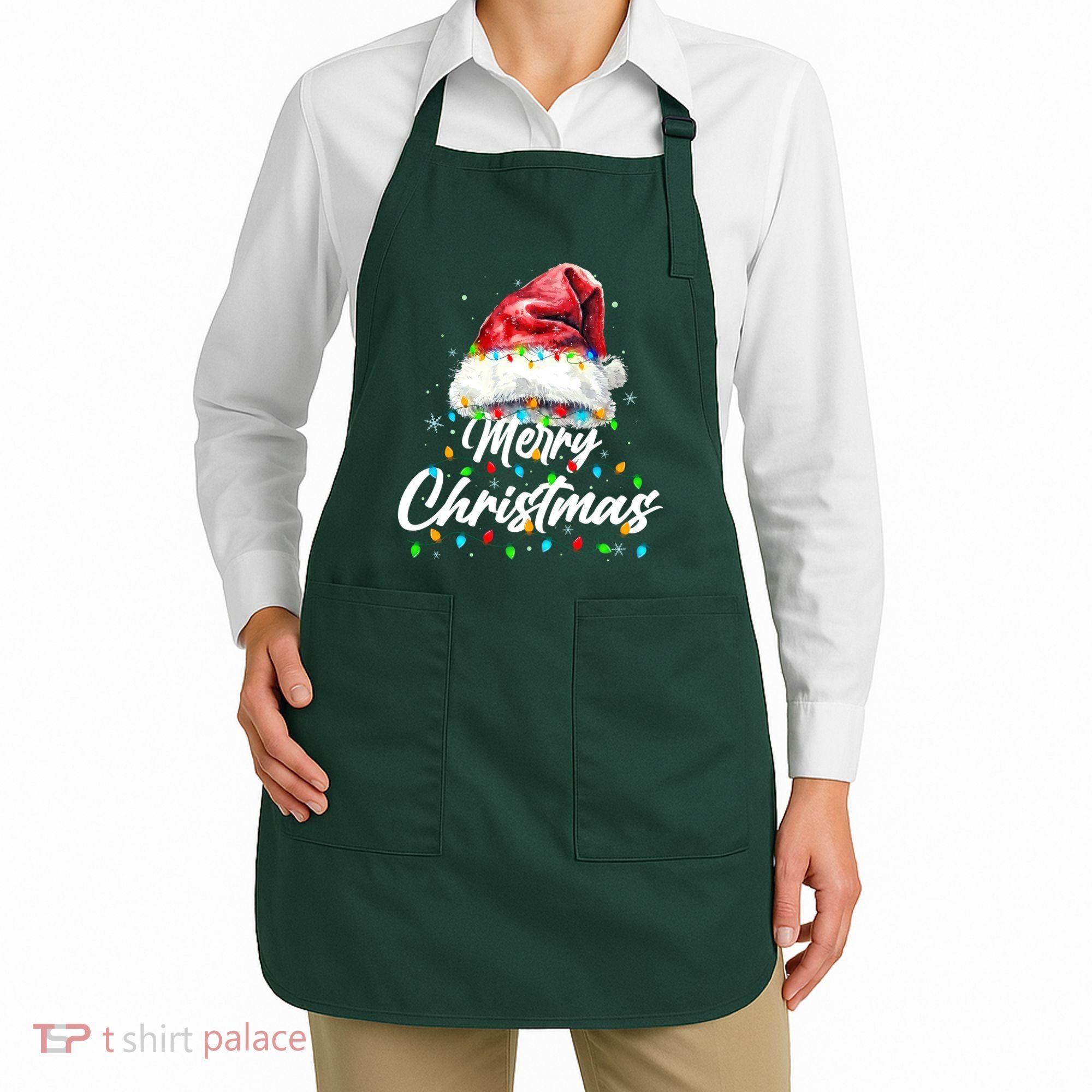 Festive Merry Christmas Santa Hat Christmas Lights Apron