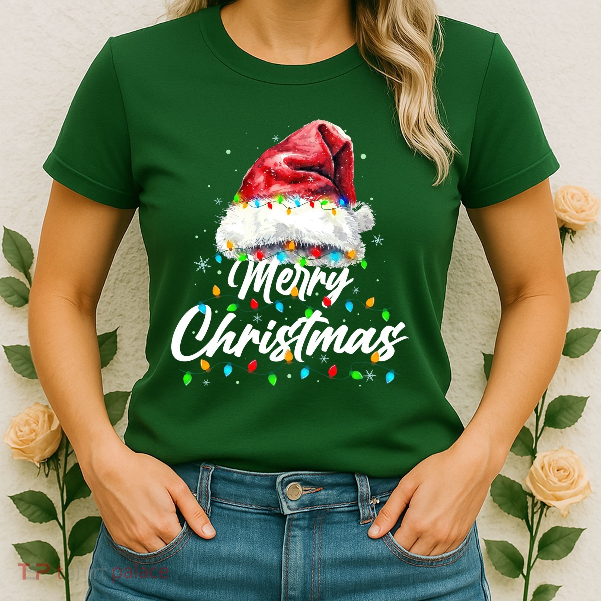 Festive Merry Christmas Santa Hat Christmas Lights Women's T-Shirt
