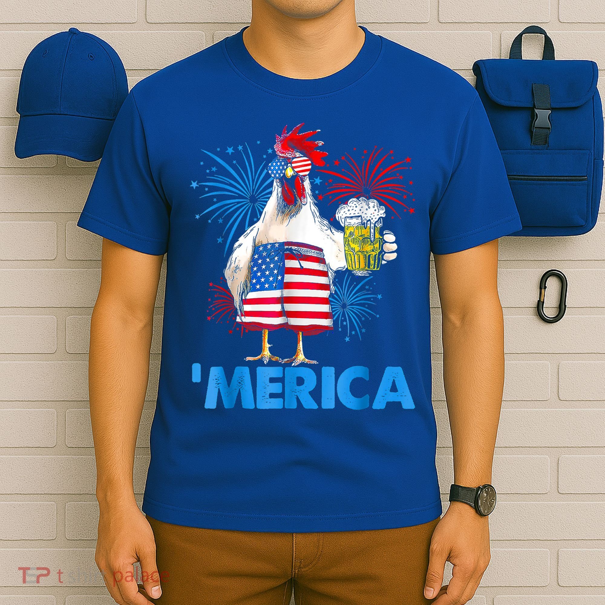 Funny Merica Chicken Beer Drinking 4th Of July Patriotic. T-Shirt