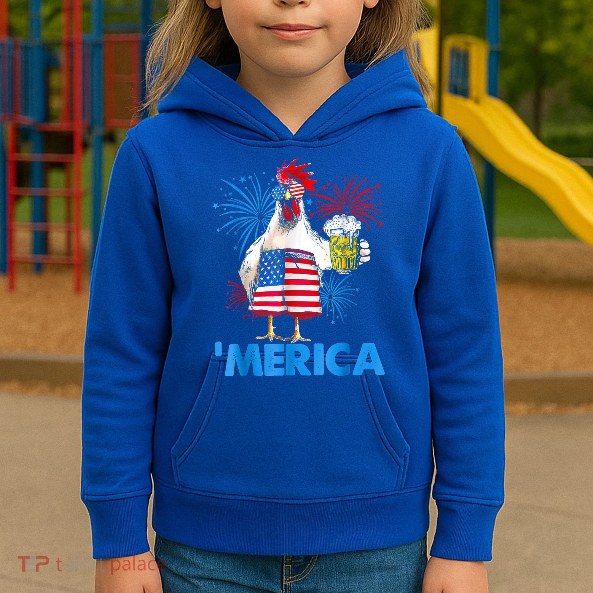 Funny Merica Chicken Beer Drinking 4th Of July Patriotic. Kids Hoodie