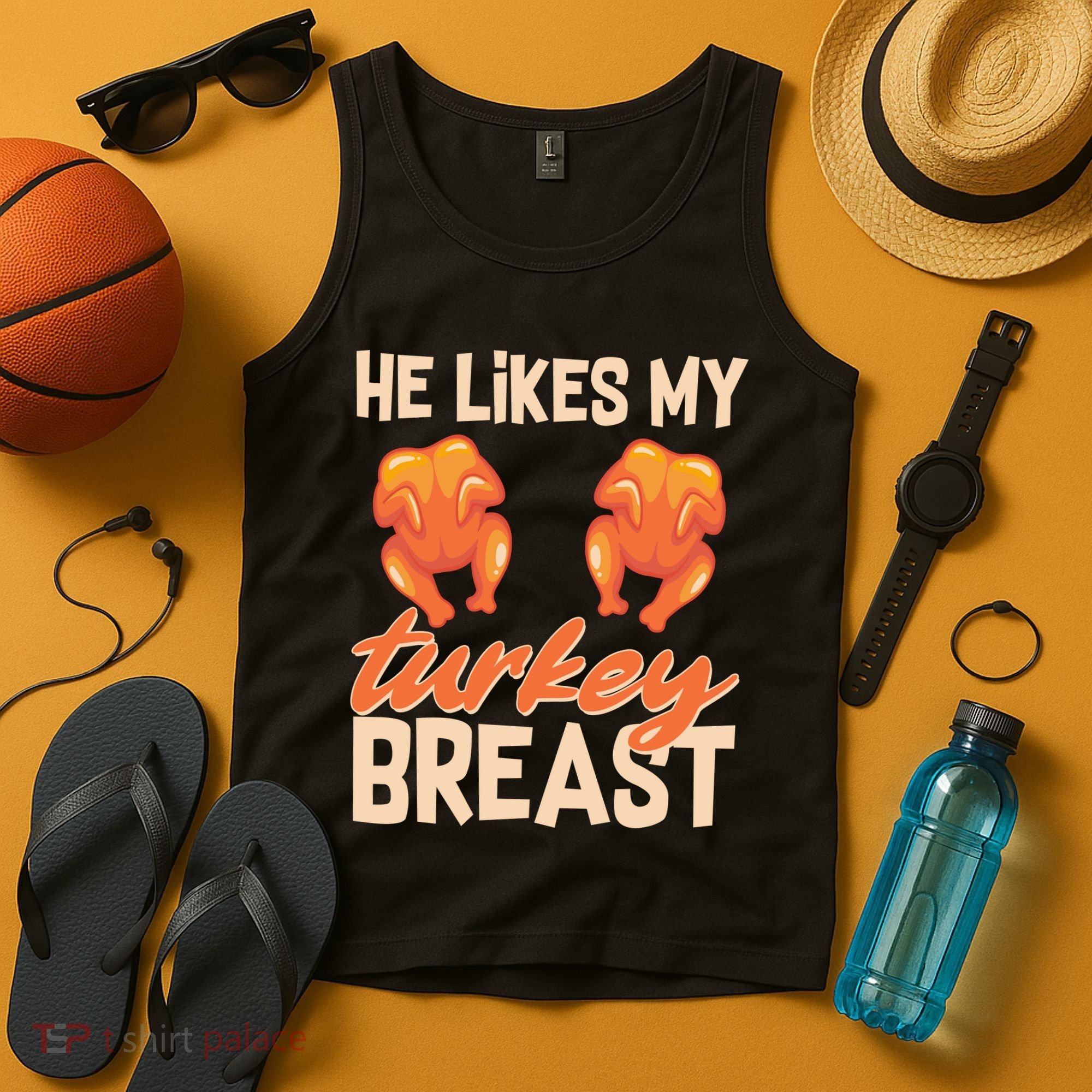 Funny Matching Couples Thanksgiving He Likes My Turkey Breast Tank Top