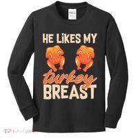Funny Matching Couples Thanksgiving He Likes My Turkey Breast Kids Long Sleeve Shirt thumb 0