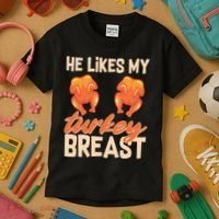 Funny Matching Couples Thanksgiving He Likes My Turkey Breast Kids T-Shirt thumb 3