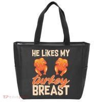 Funny Matching Couples Thanksgiving He Likes My Turkey Breast Tote Bag thumb 0
