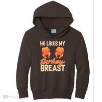 Funny Matching Couples Thanksgiving He Likes My Turkey Breast Kids Hoodie thumb 0