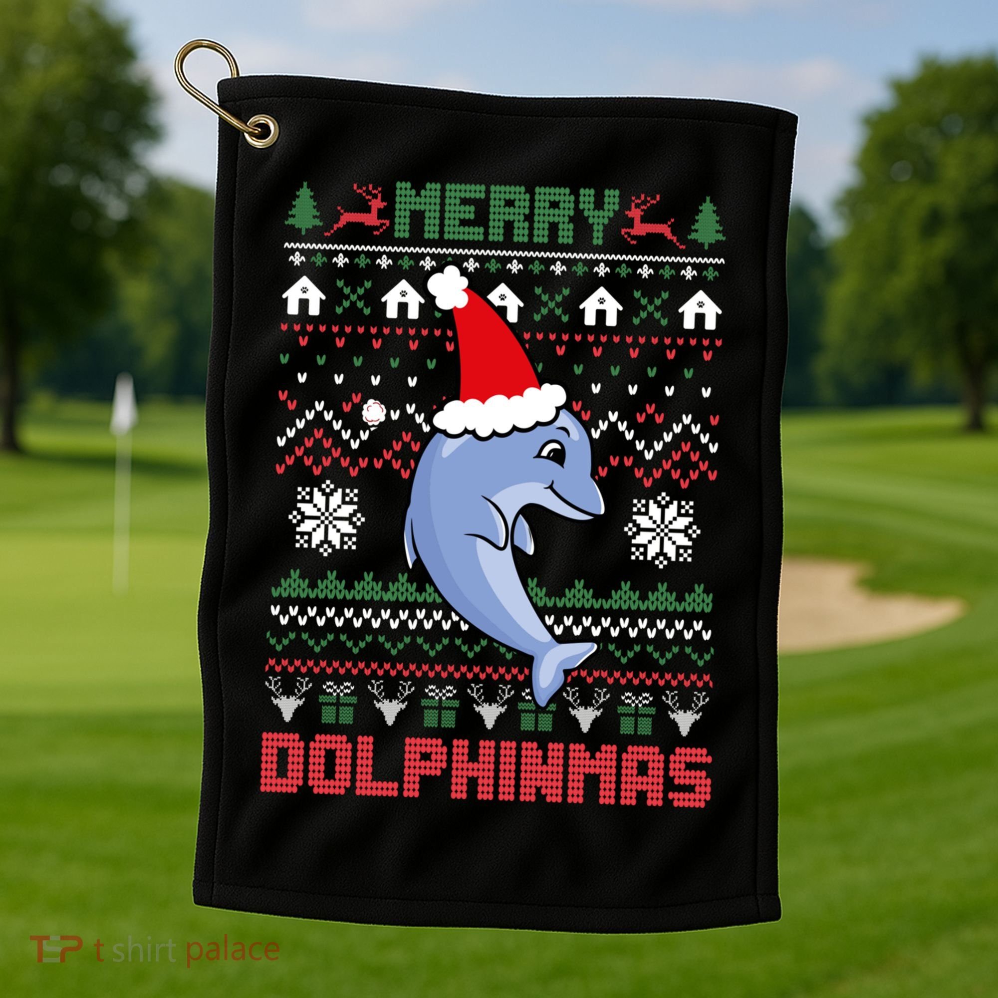 Funny Merry Dolphintmas Ugly Christmas Sweater Dolphin Santa Gift Golf Towel