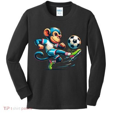 Funny Monkey Design Monkey Playing Soccer Kids Long Sleeve Shirt
