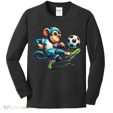 Funny Monkey Design Monkey Playing Soccer Kids Long Sleeve Shirt