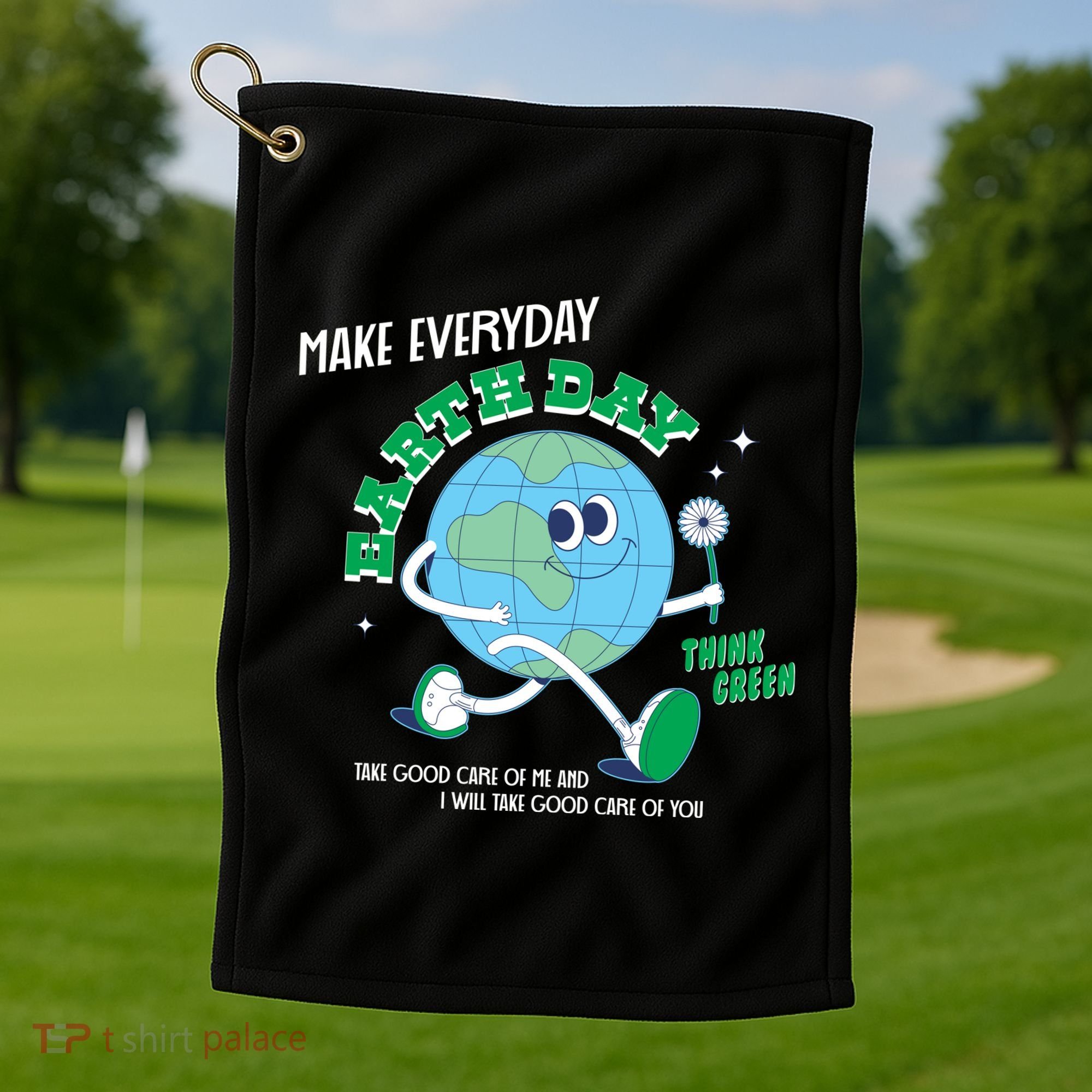 Funny Make Everyday Earth Day Think Green Cartoon Earth Golf Towel