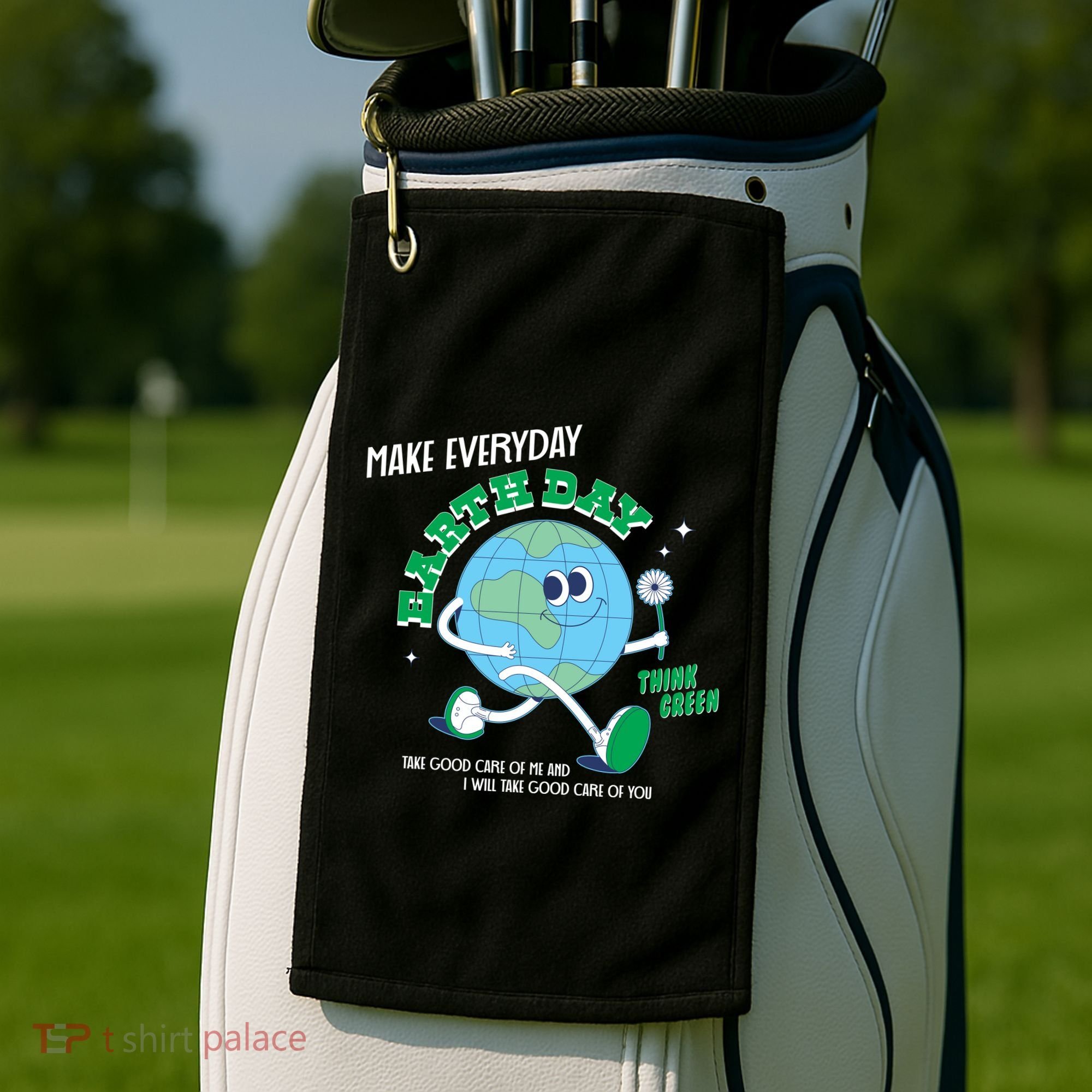 Funny Make Everyday Earth Day Think Green Cartoon Earth Golf Towel