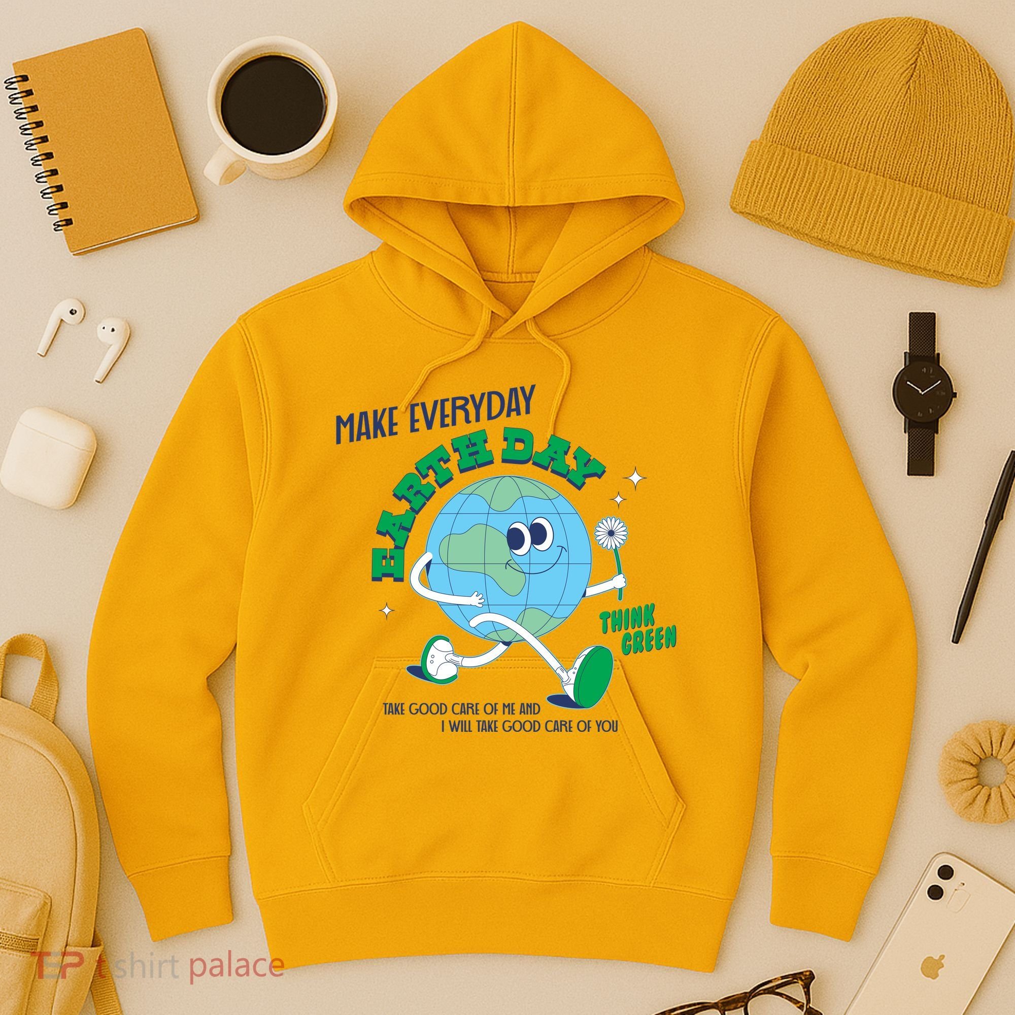 Funny Make Everyday Earth Day Think Green Cartoon Earth Hoodie
