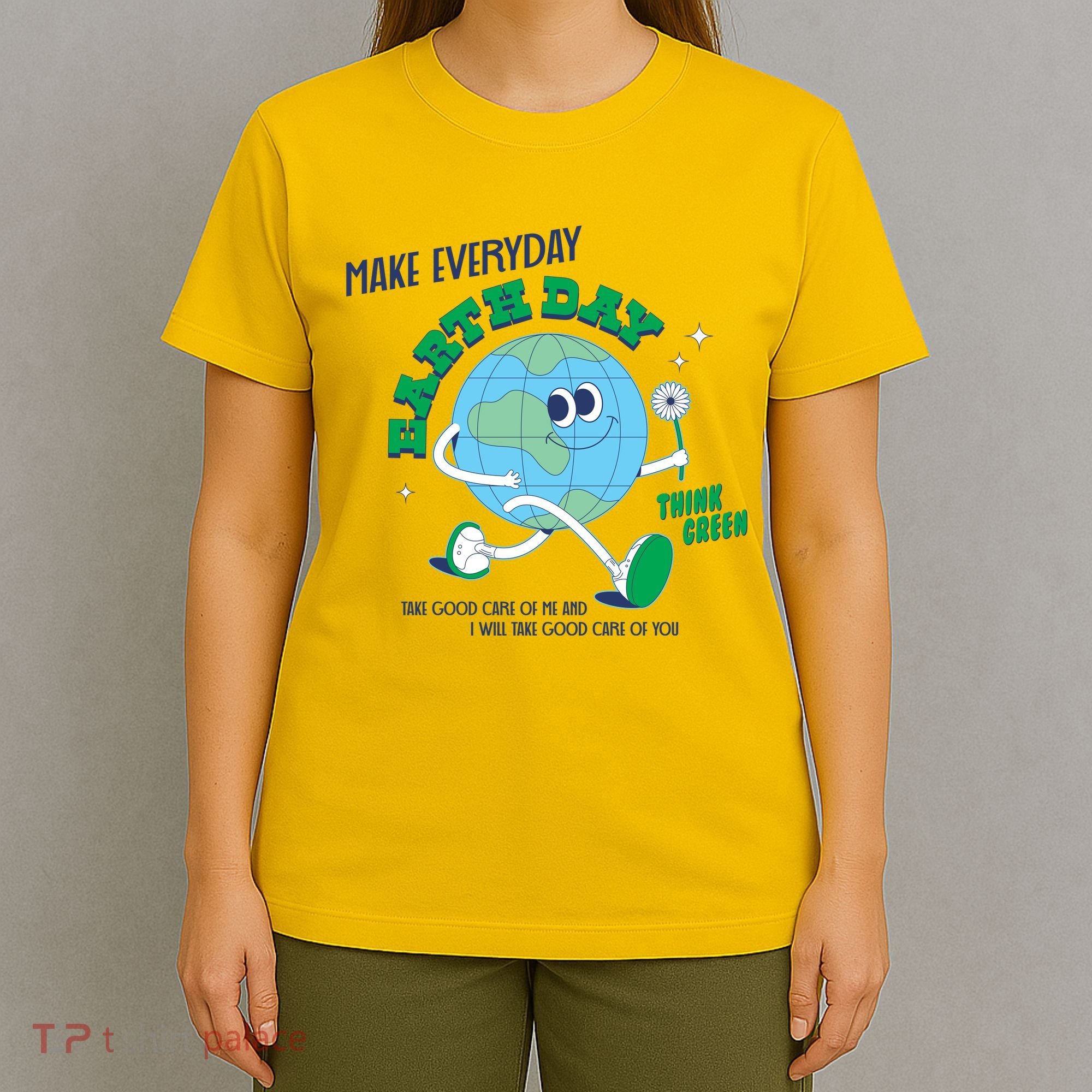 Funny Make Everyday Earth Day Think Green Cartoon Earth T-Shirt