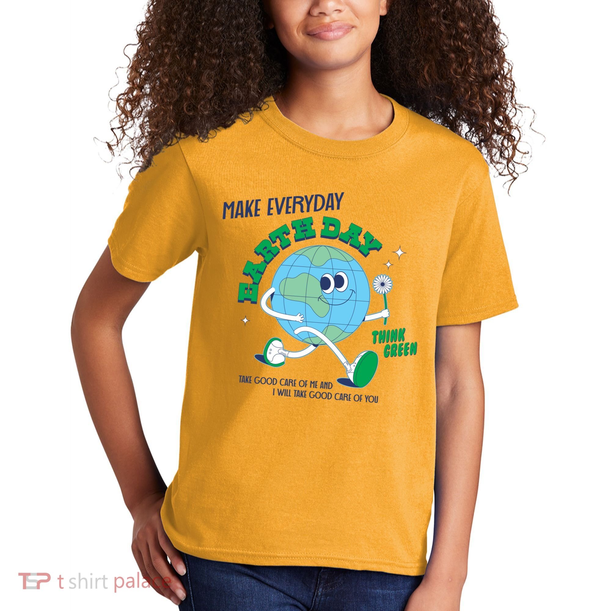 Funny Make Everyday Earth Day Think Green Cartoon Earth Kids T-Shirt