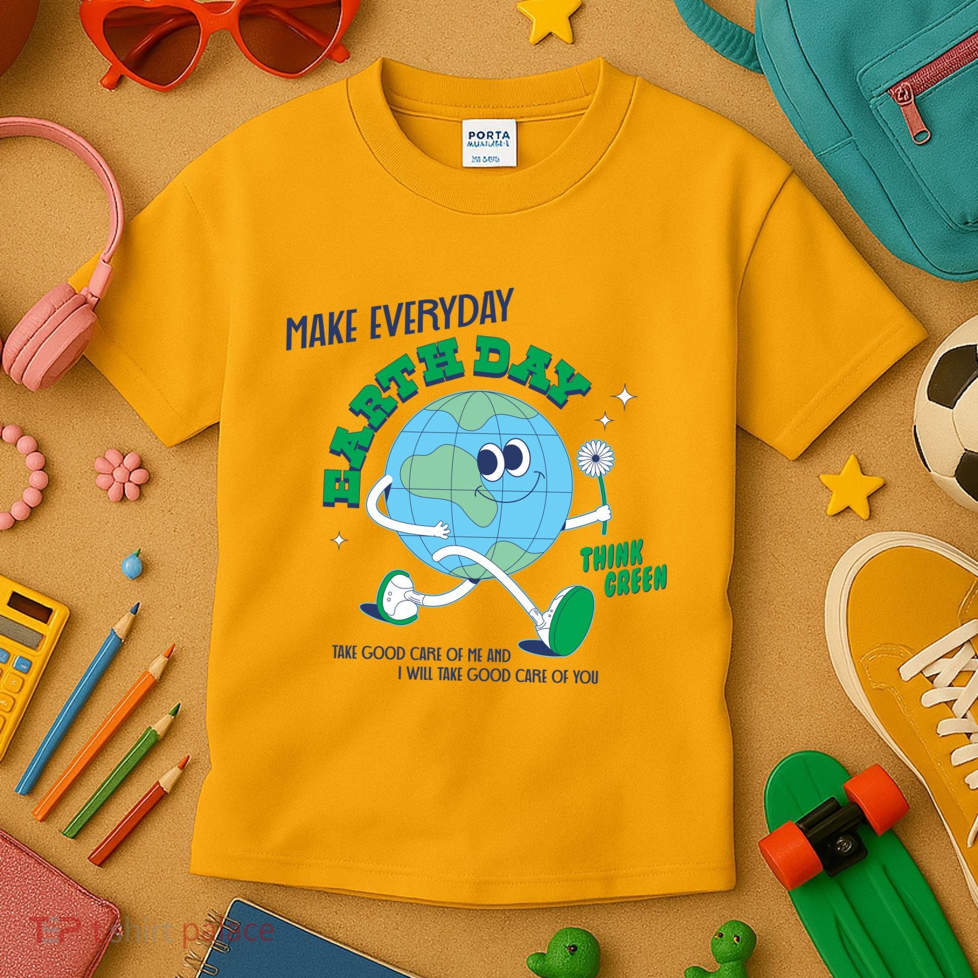 Funny Make Everyday Earth Day Think Green Cartoon Earth Kids T-Shirt