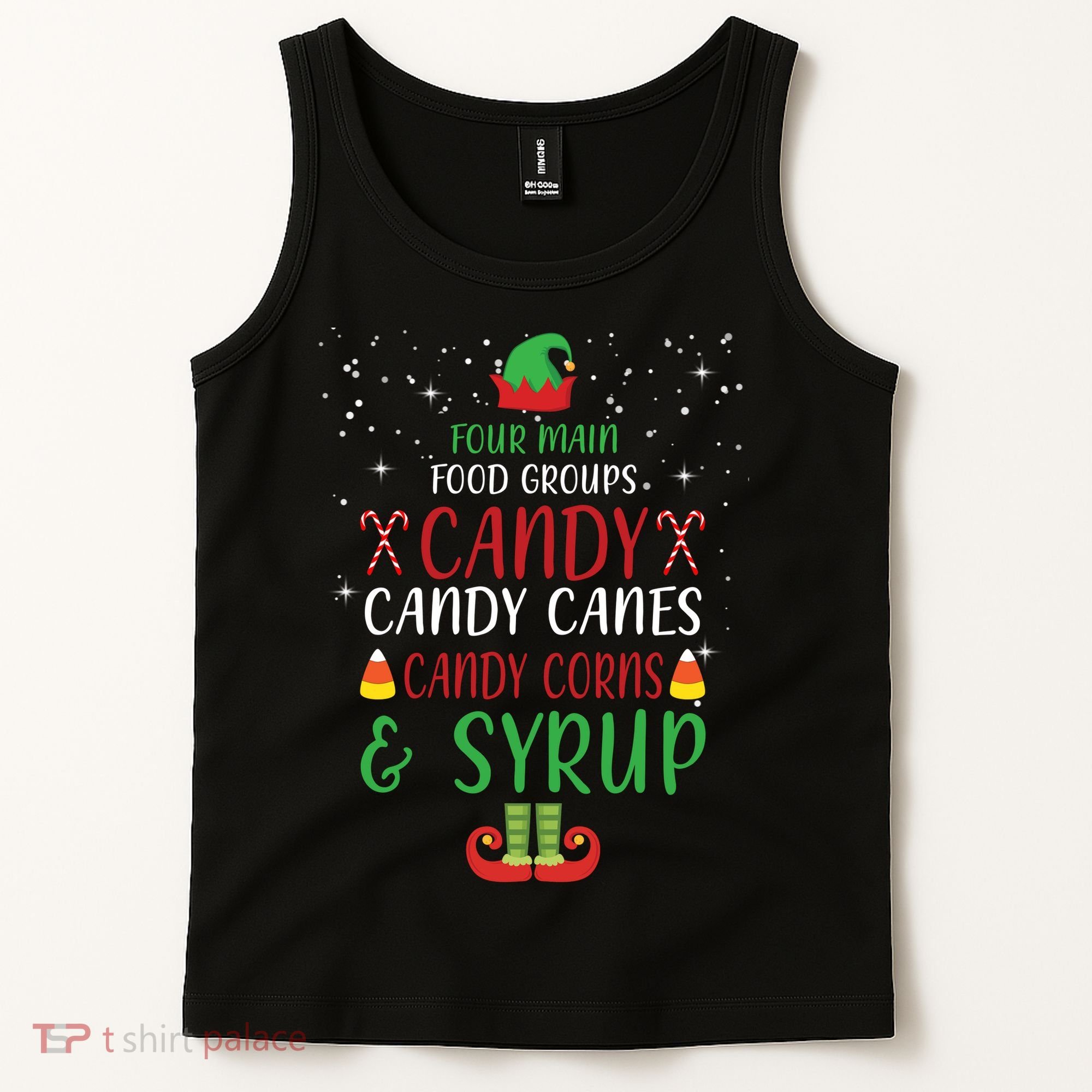 Four Main Food Groups Candy Canes Candy Corns Syrup Elf Tank Top