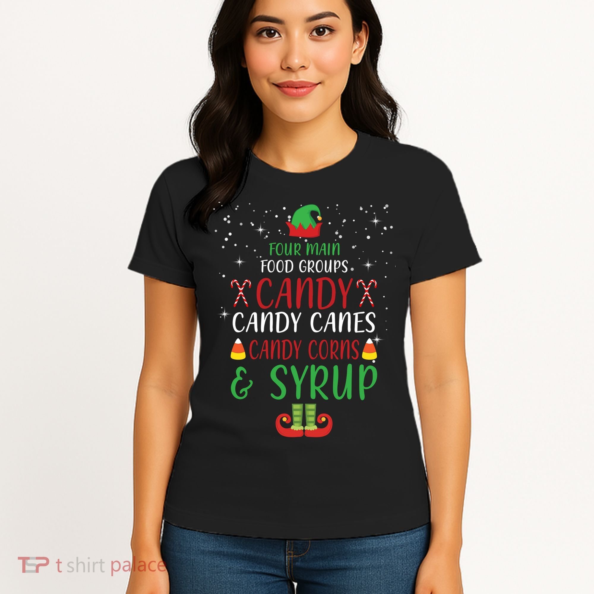Four Main Food Groups Candy Canes Candy Corns Syrup Elf Women's T-Shirt