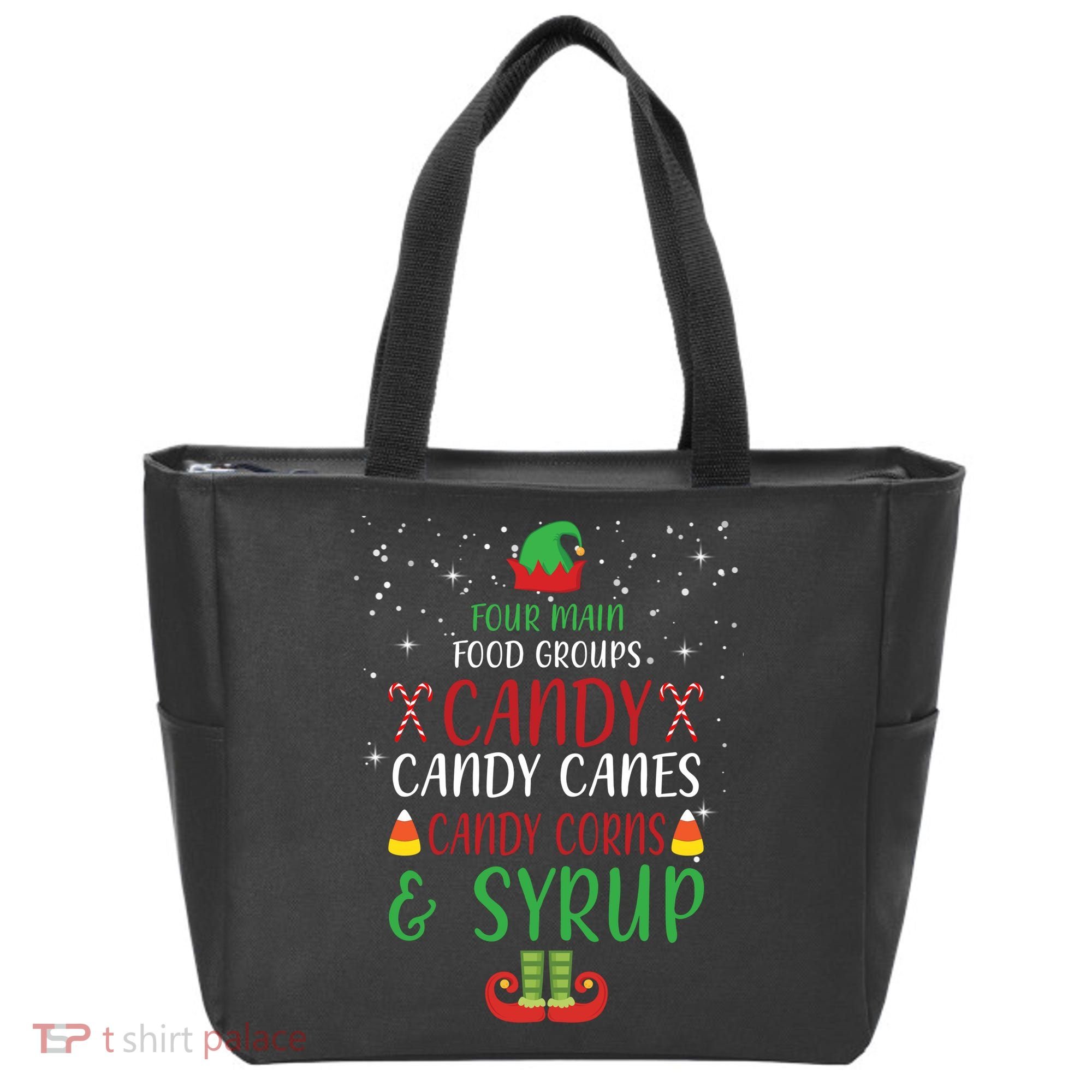 Four Main Food Groups Candy Canes Candy Corns Syrup Elf Tote Bag