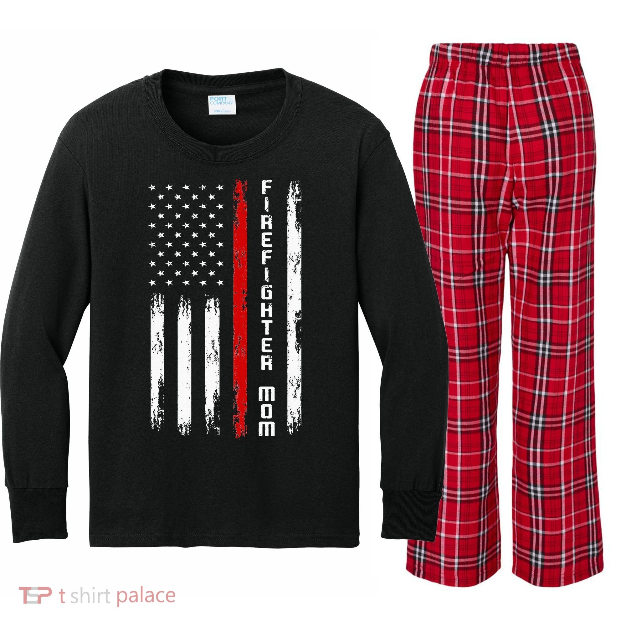 Firefighter Mom Firefighter Kids Long Sleeve Plaid Pajama Set