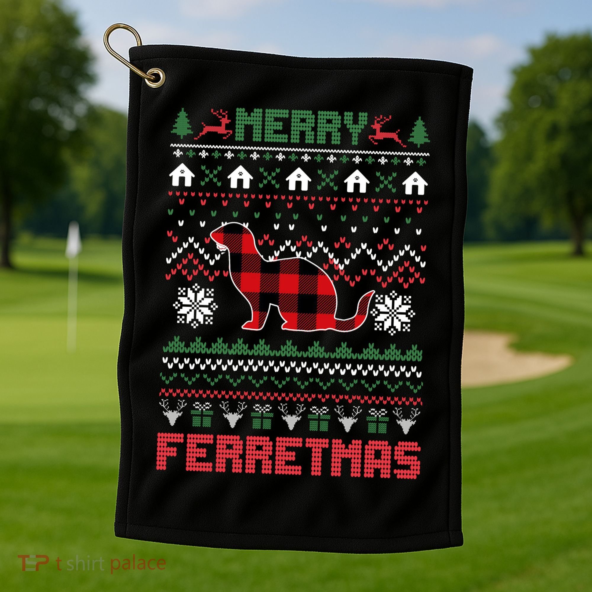 Funny Merry Ferretmas Ugly Christmas Sweater Ferret Santa Golf Towel