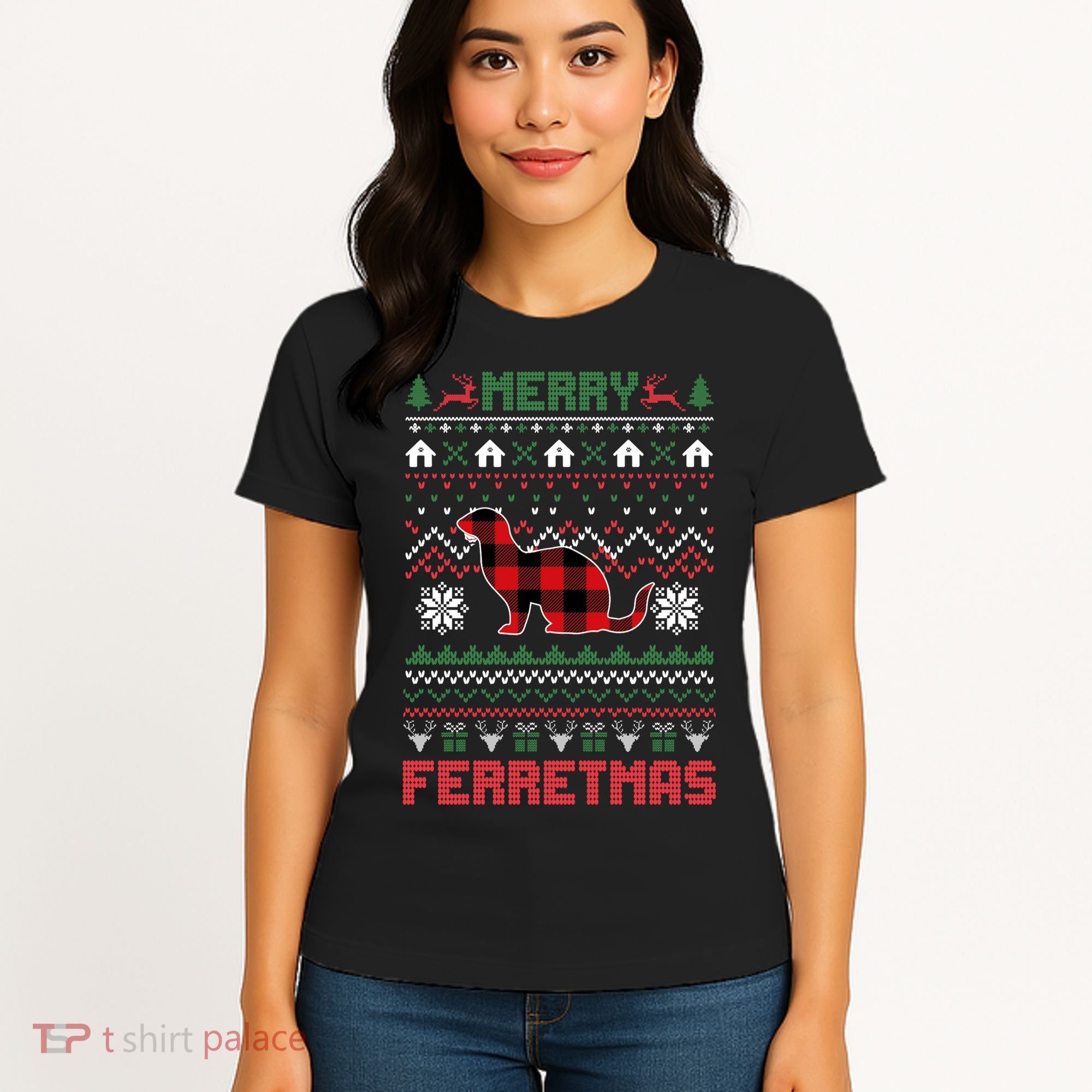 Funny Merry Ferretmas Ugly Christmas Sweater Ferret Santa Women's T-Shirt