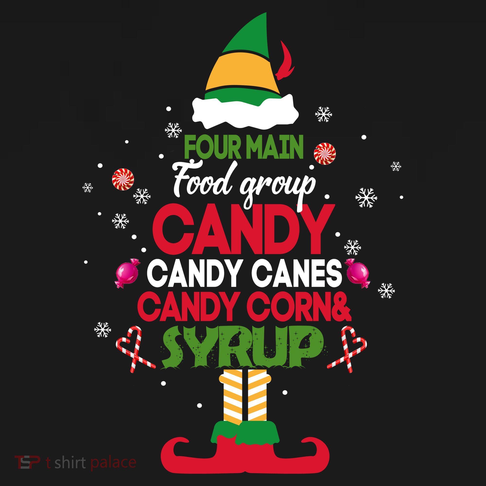 Four Main Food Groups Candy Canes Candy Corns Syrup Elf Sweatshirt