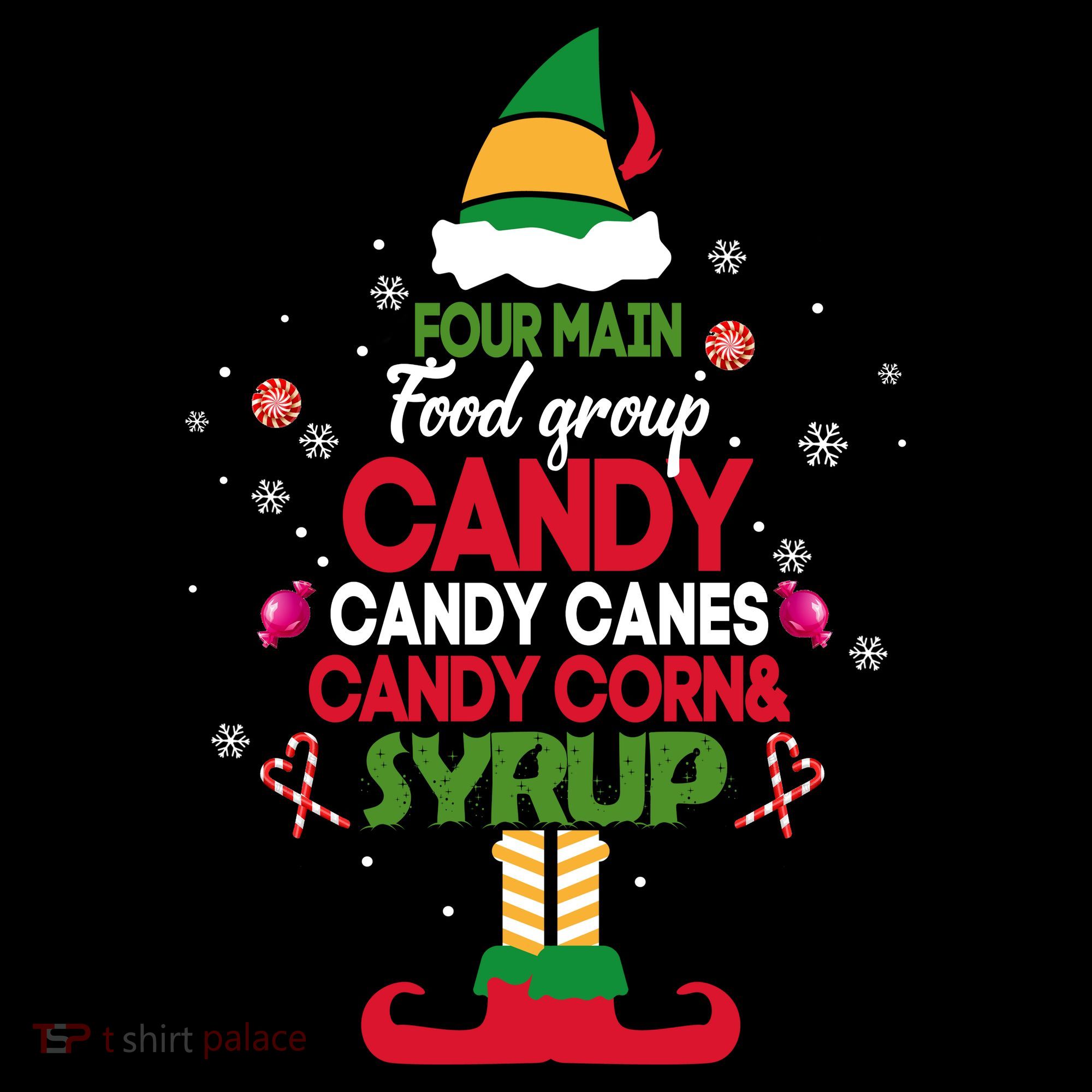 Four Main Food Groups Candy Canes Candy Corns Syrup Elf Bucket Hat