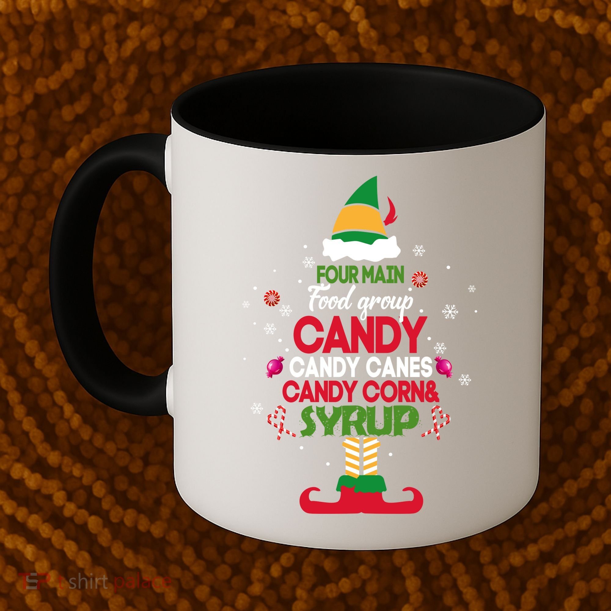 Four Main Food Groups Candy Canes Candy Corns Syrup Elf Coffee Mug