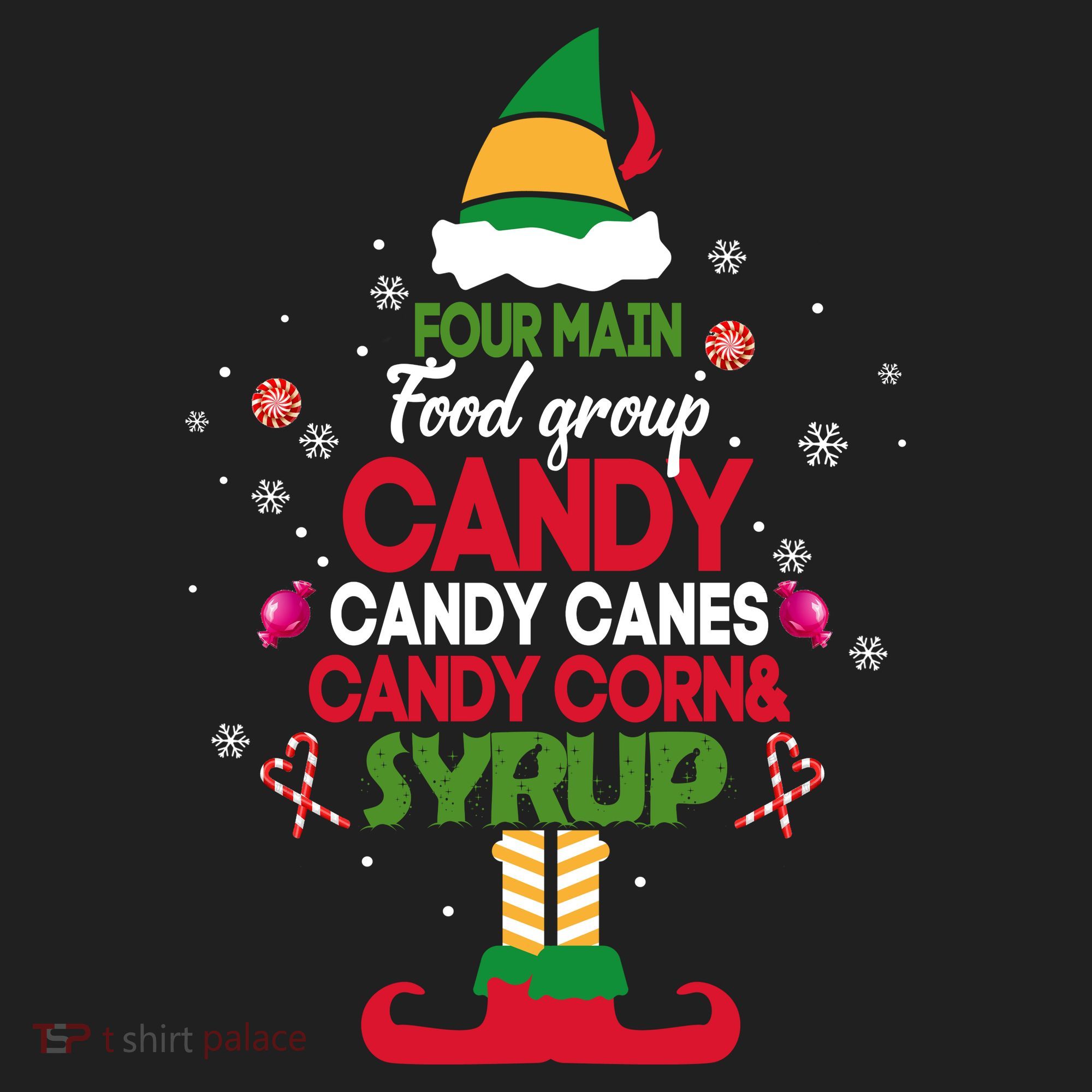 Four Main Food Groups Candy Canes Candy Corns Syrup Elf Beanie