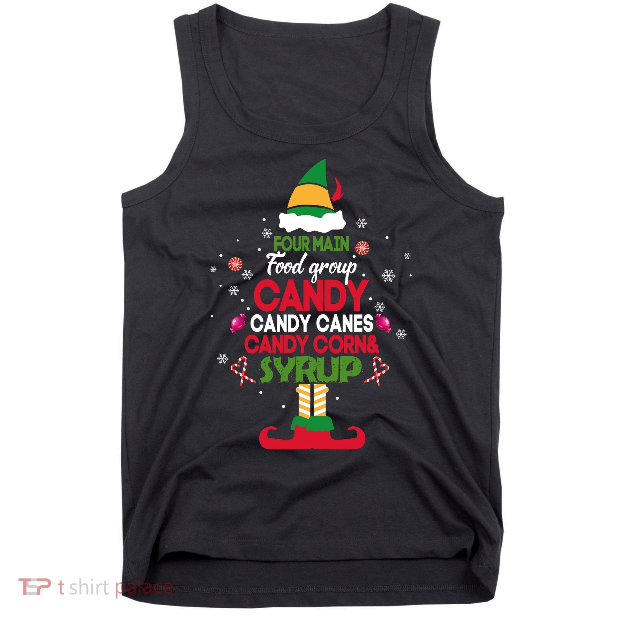 Four Main Food Groups Candy Canes Candy Corns Syrup Elf Tank Top