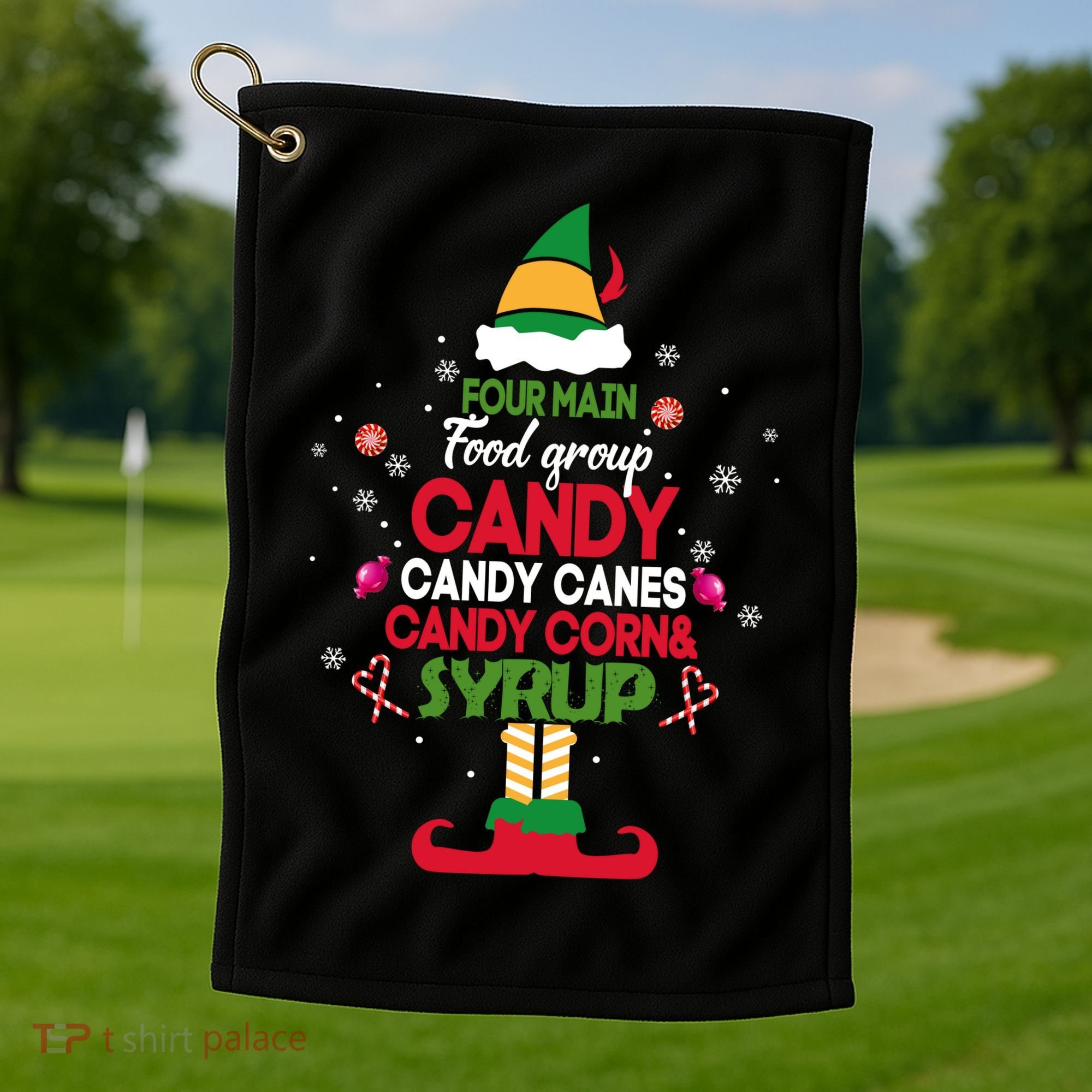Four Main Food Groups Candy Canes Candy Corns Syrup Elf Golf Towel