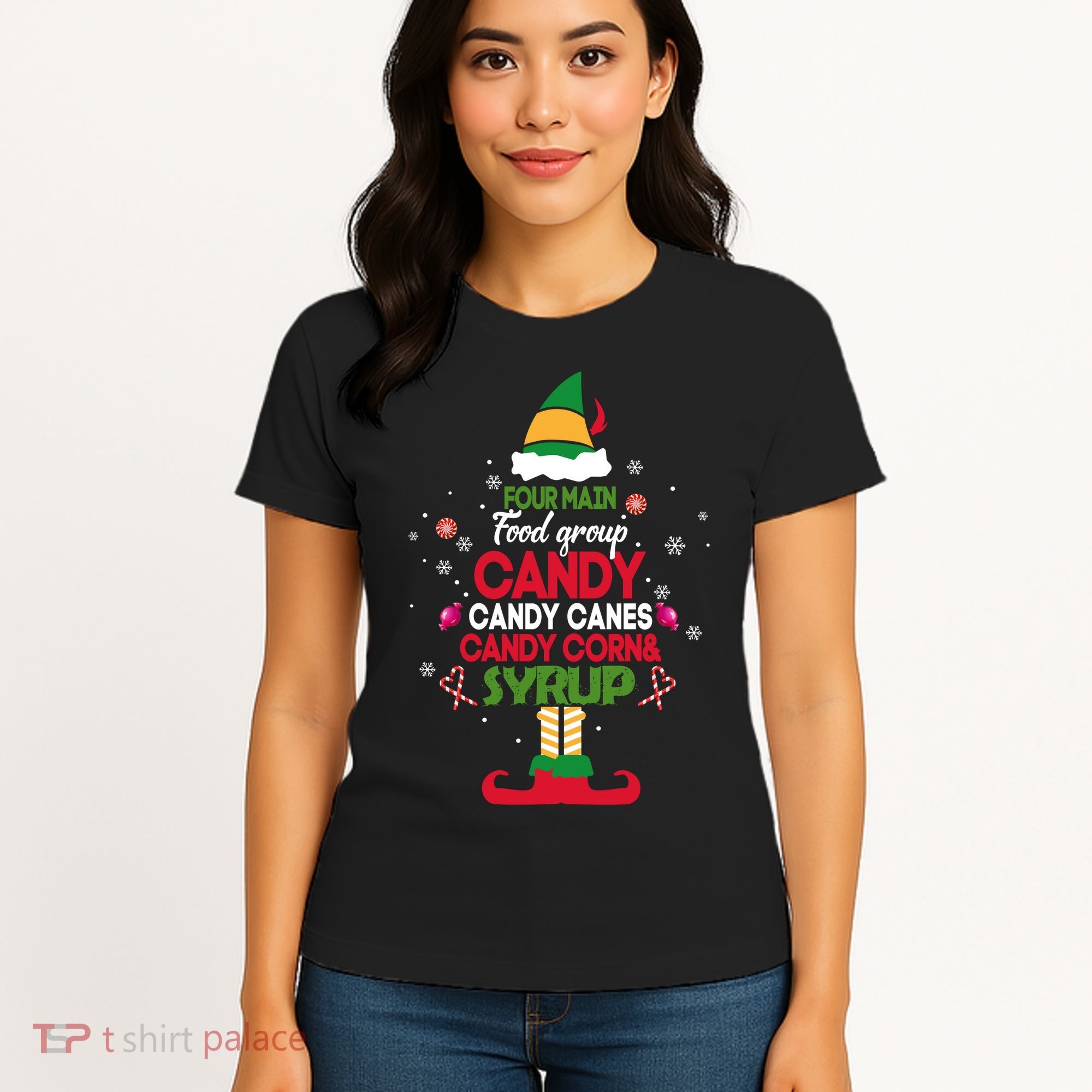 Four Main Food Groups Candy Canes Candy Corns Syrup Elf Women's T-Shirt