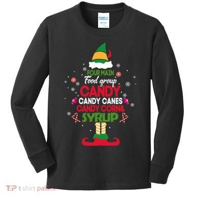 Four Main Food Groups Candy Canes Candy Corns Syrup Elf Kids Long Sleeve Shirt