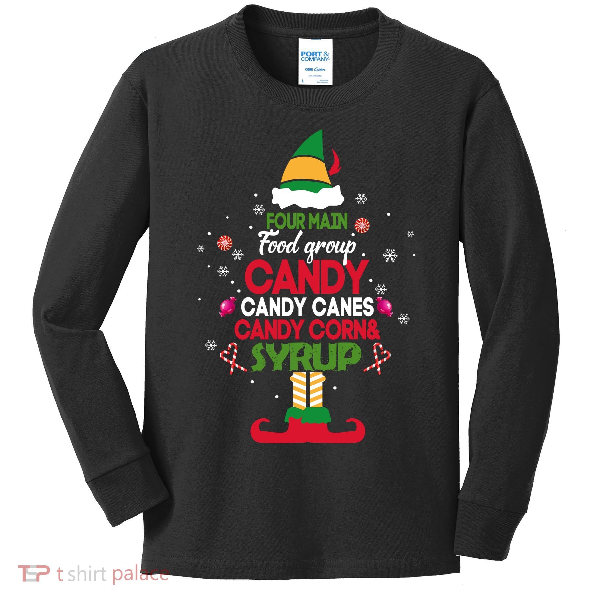 Four Main Food Groups Candy Canes Candy Corns Syrup Elf Kids Long Sleeve Shirt