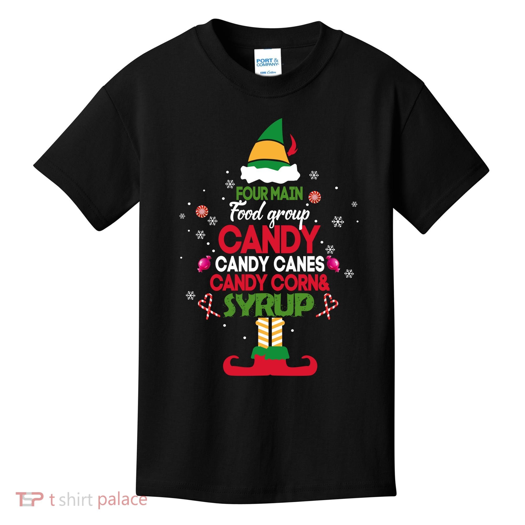 Four Main Food Groups Candy Canes Candy Corns Syrup Elf Kids T-Shirt