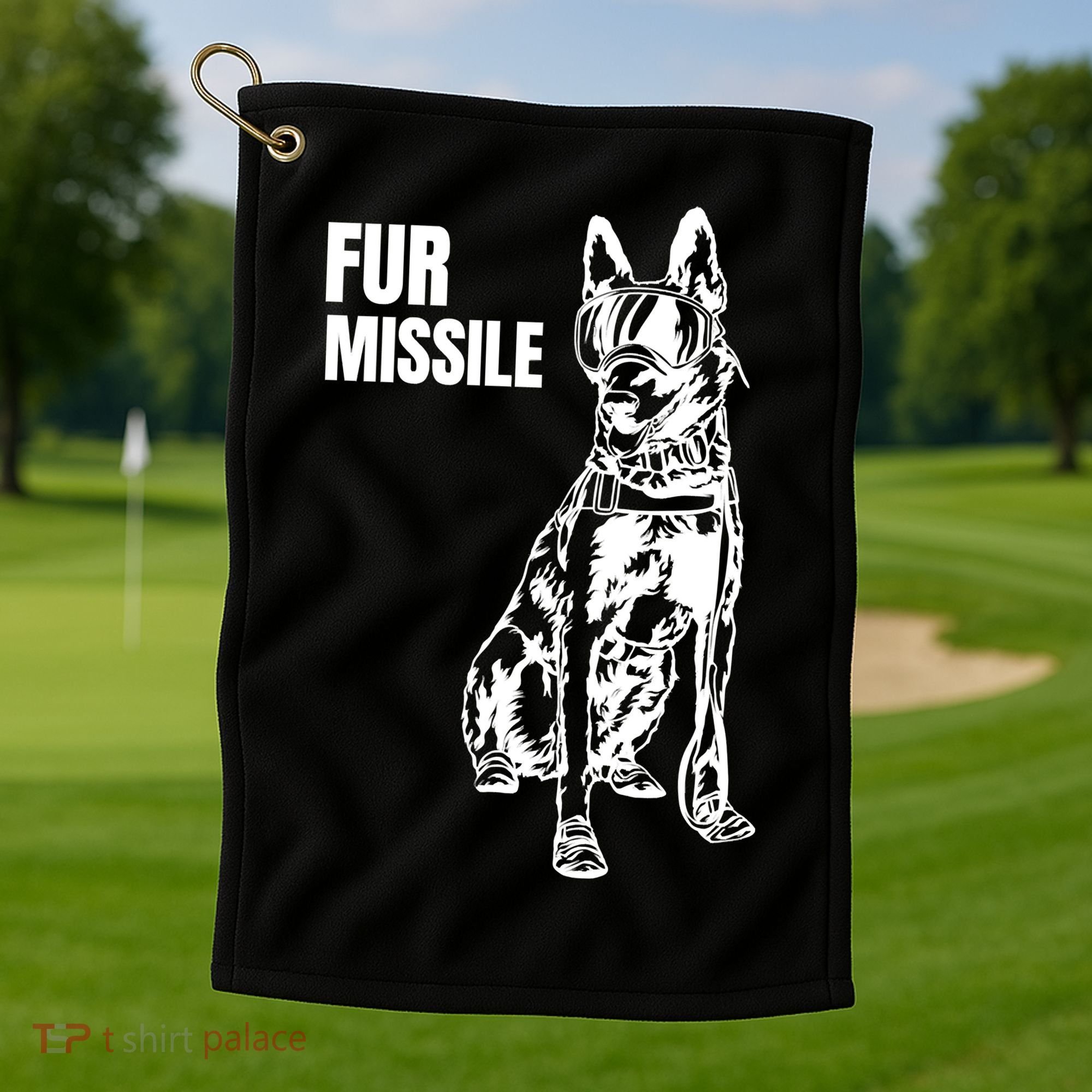 Fur Missile Funny Beligian Malinois Dog Golf Towel