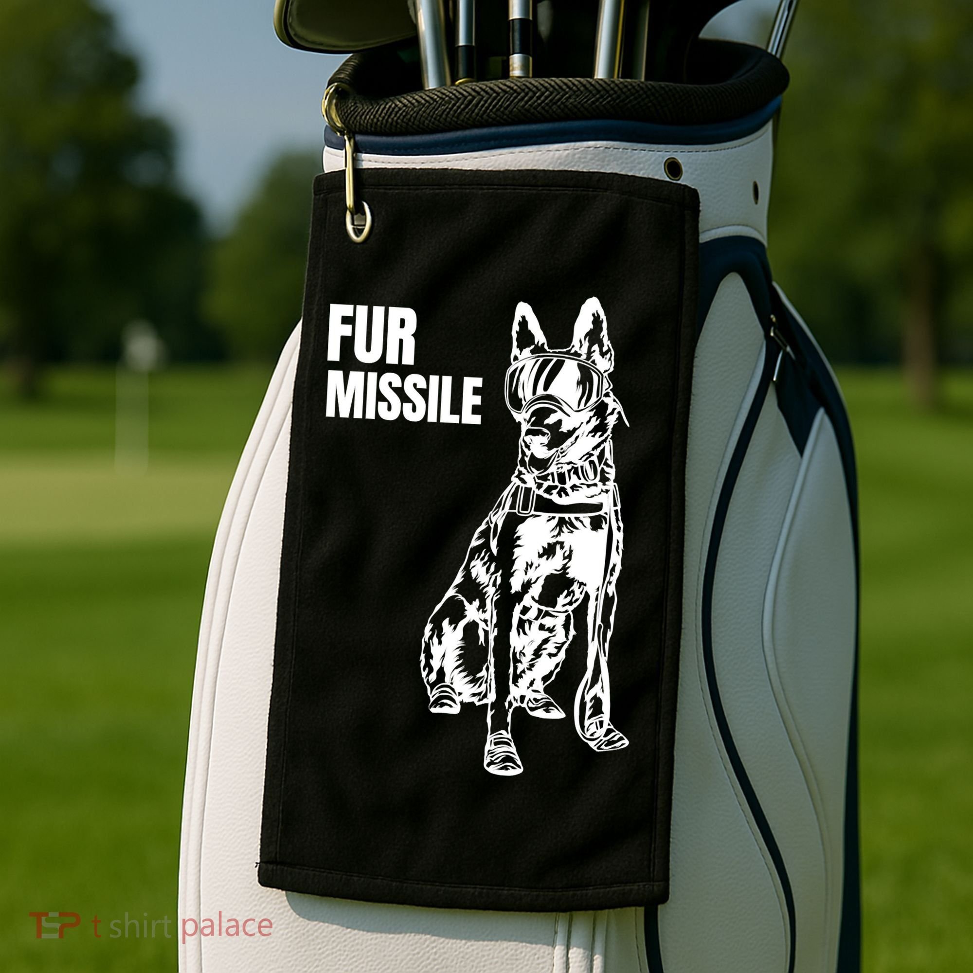 Fur Missile Funny Beligian Malinois Dog Golf Towel