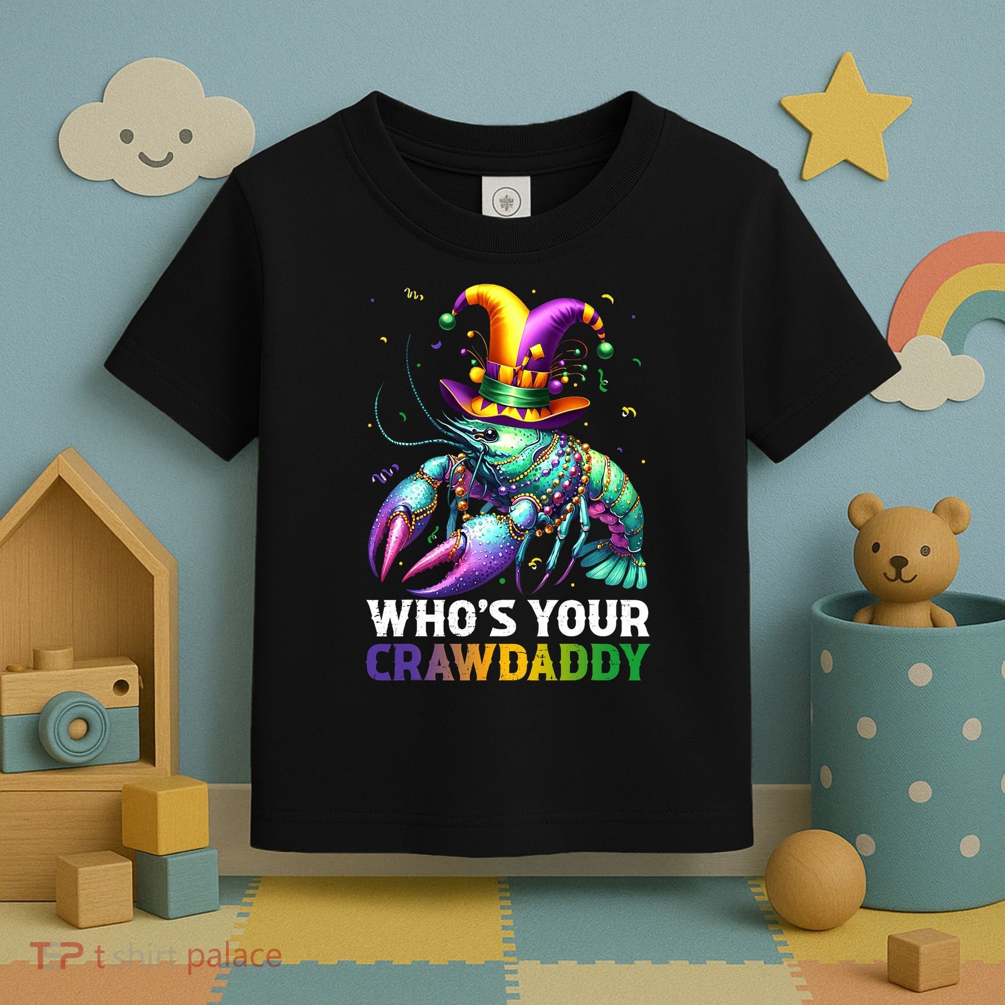 Funny Mardi Gras Whos Your Crawdaddy Crawfish Jester Beads Toddler T-Shirt