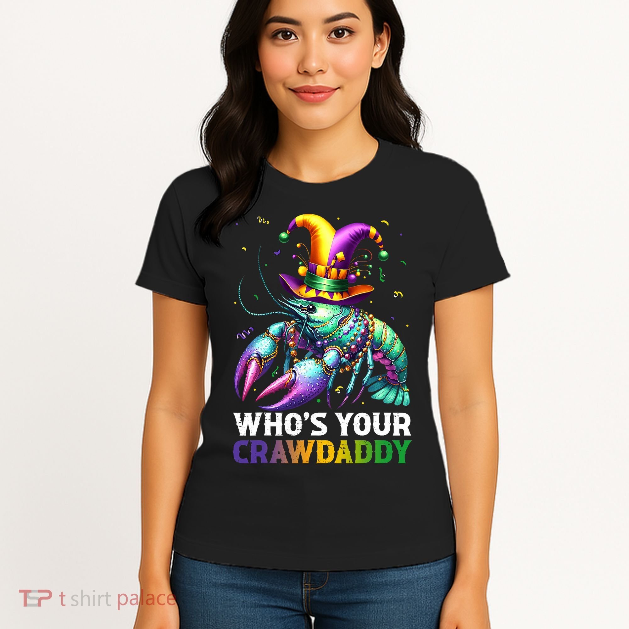 Funny Mardi Gras Whos Your Crawdaddy Crawfish Jester Beads Women's T-Shirt