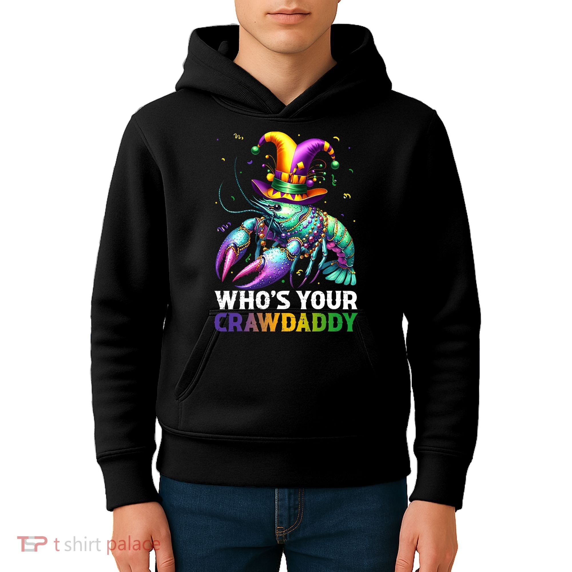 Funny Mardi Gras Whos Your Crawdaddy Crawfish Jester Beads Kids Hoodie