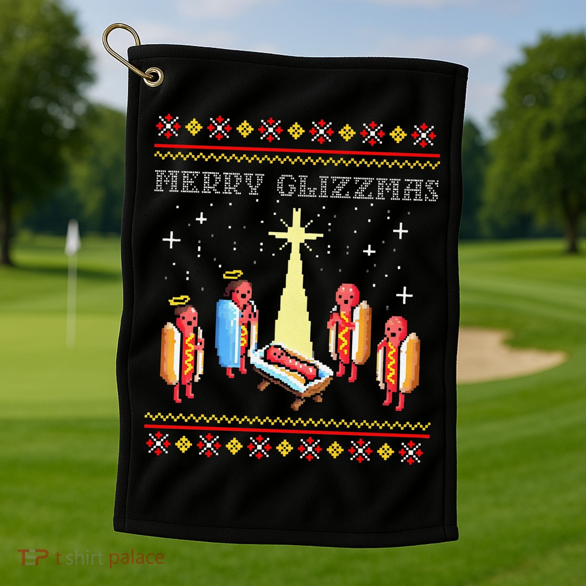 Funny Merry Glizzmas Tacky Merry Christmas Hot Dogs Golf Towel