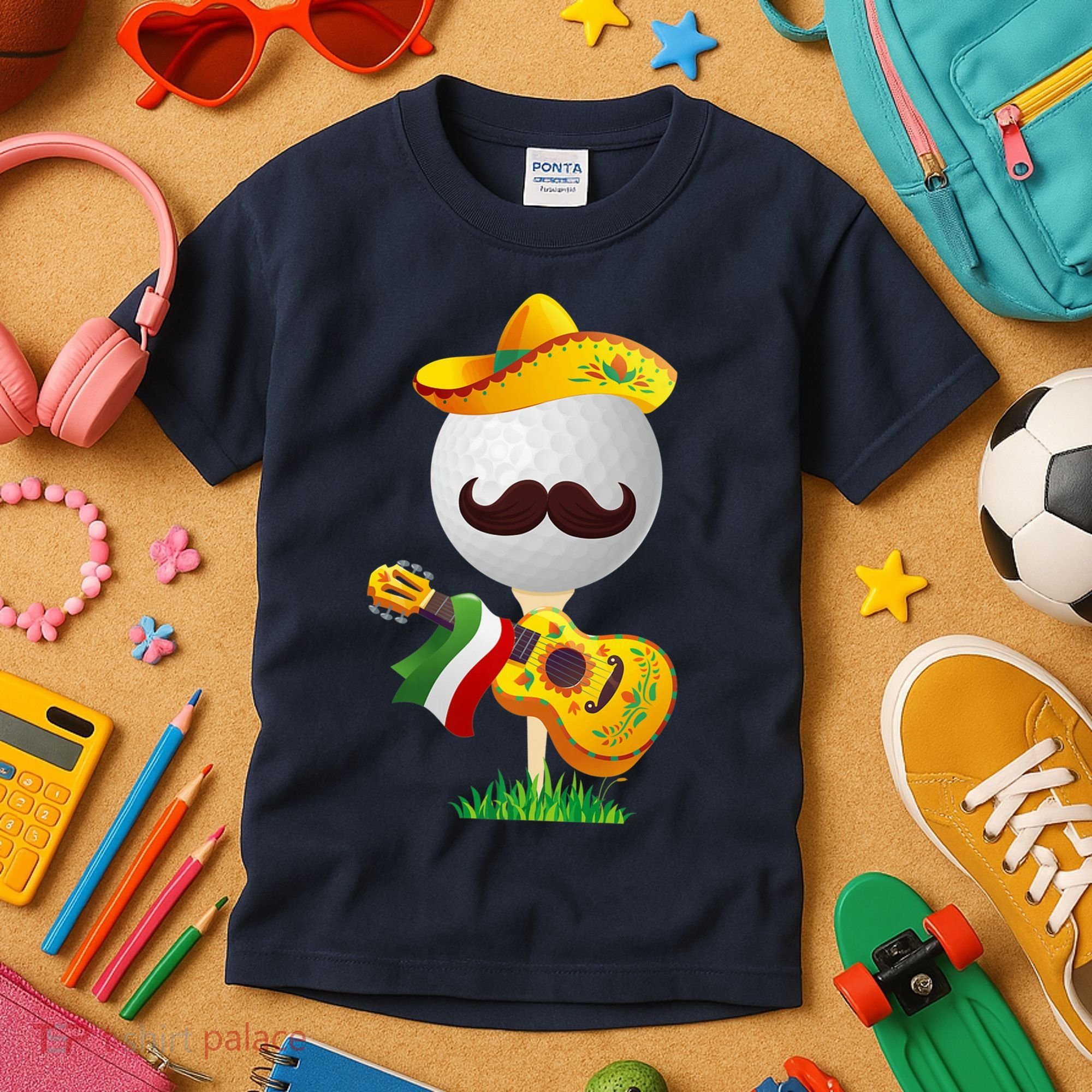 Funny Mexican Golf Ball Sombrero Guitar Cinco De Mayo Kids T-Shirt