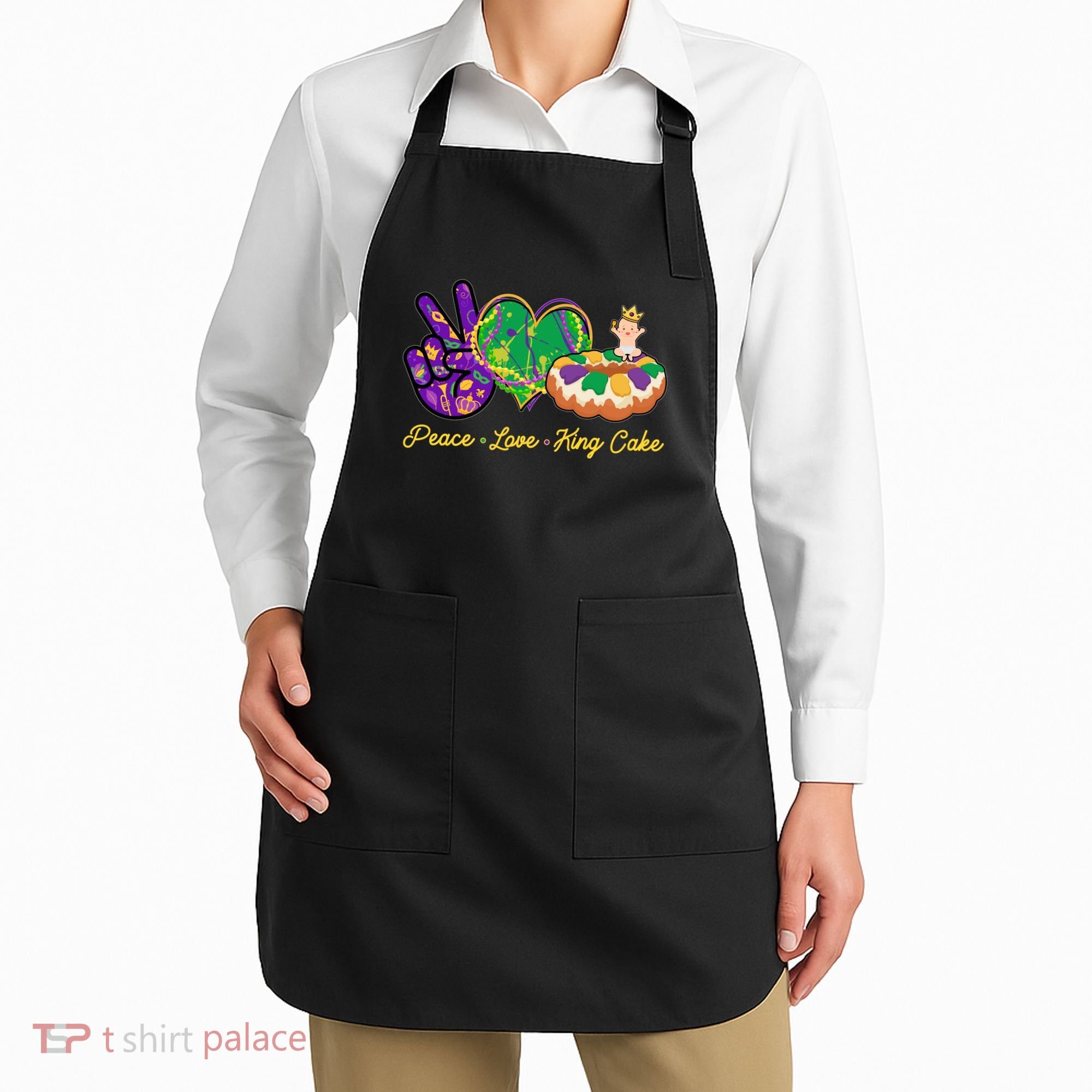 Funny Mardi Gras Peace Love King Cake Apron
