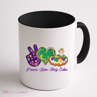 Funny Mardi Gras Peace Love King Cake Coffee Mug back