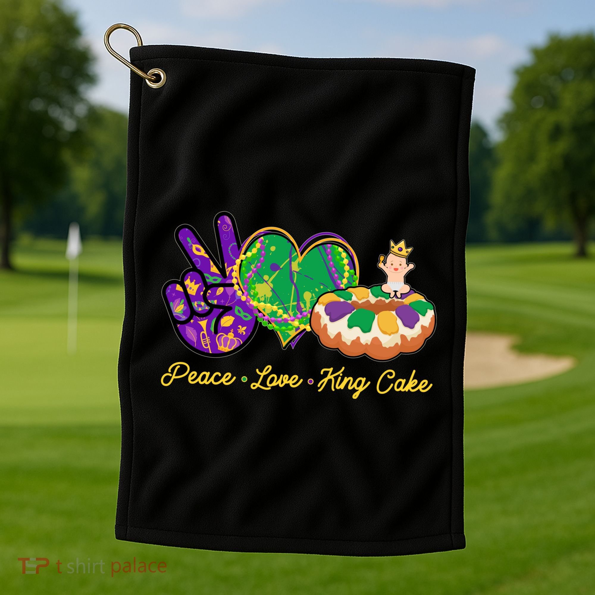Funny Mardi Gras Peace Love King Cake Golf Towel
