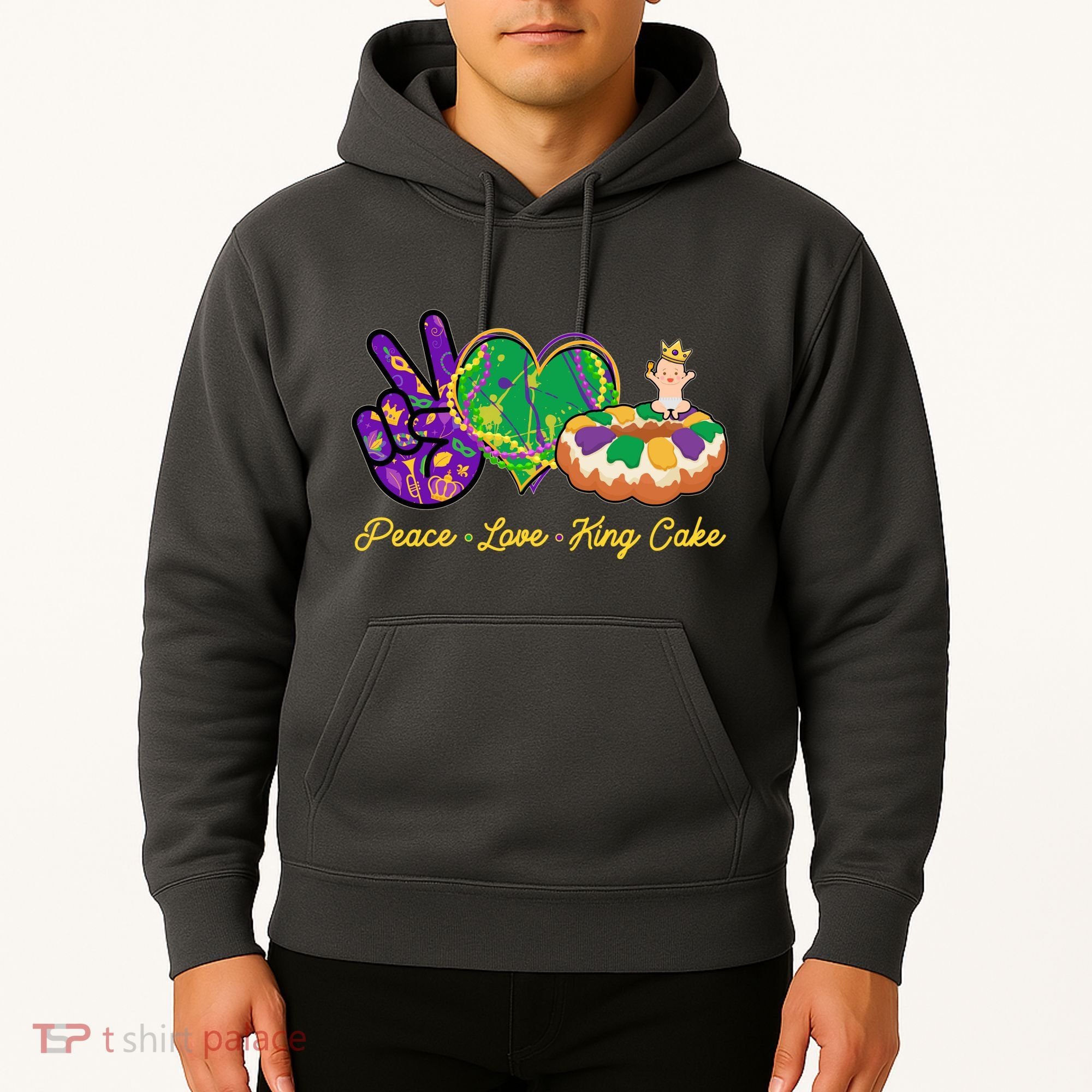 Funny Mardi Gras Peace Love King Cake Hoodie
