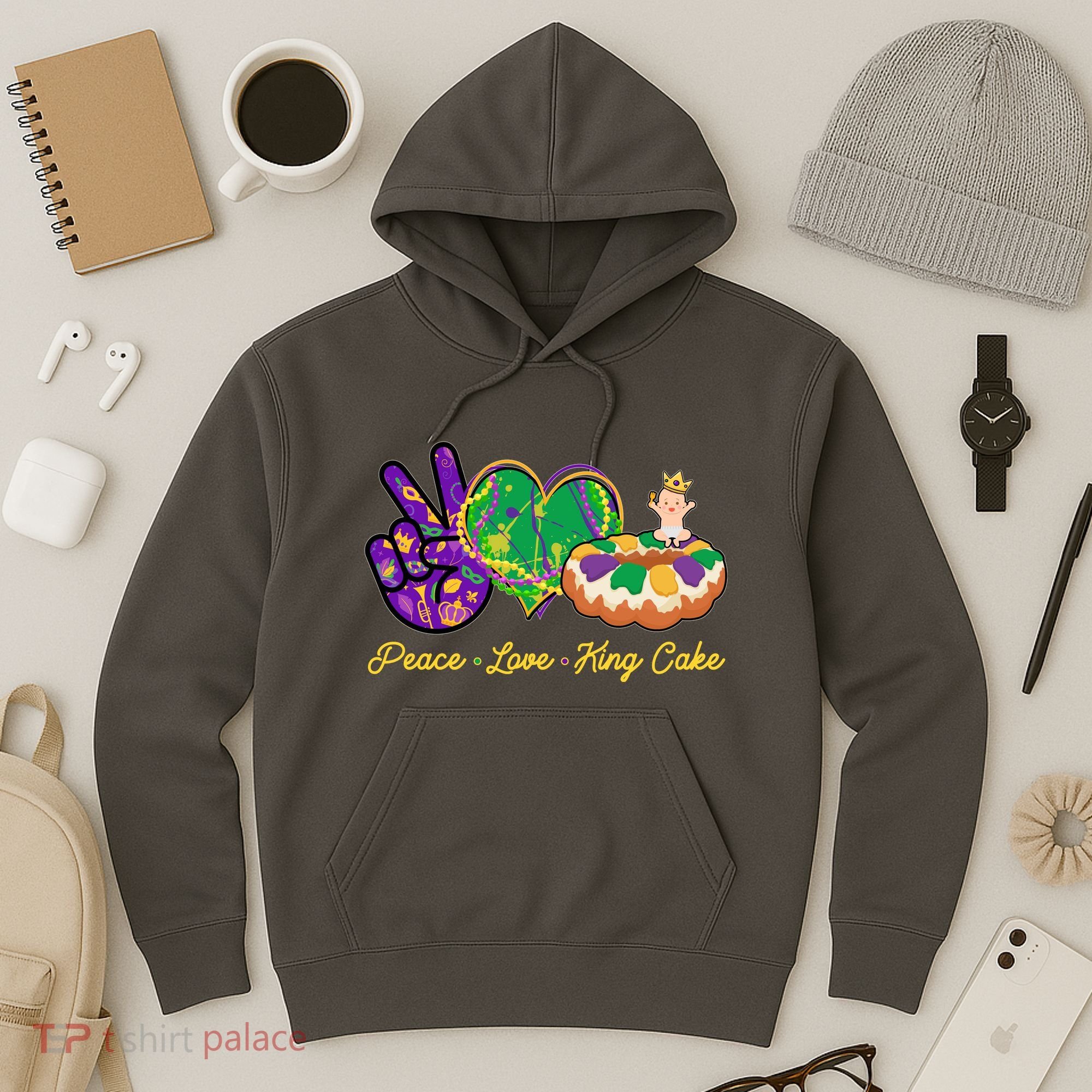 Funny Mardi Gras Peace Love King Cake Hoodie
