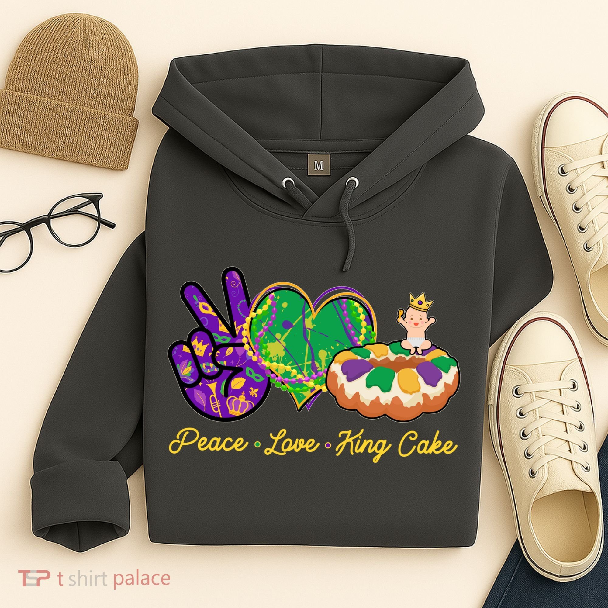 Funny Mardi Gras Peace Love King Cake Hoodie