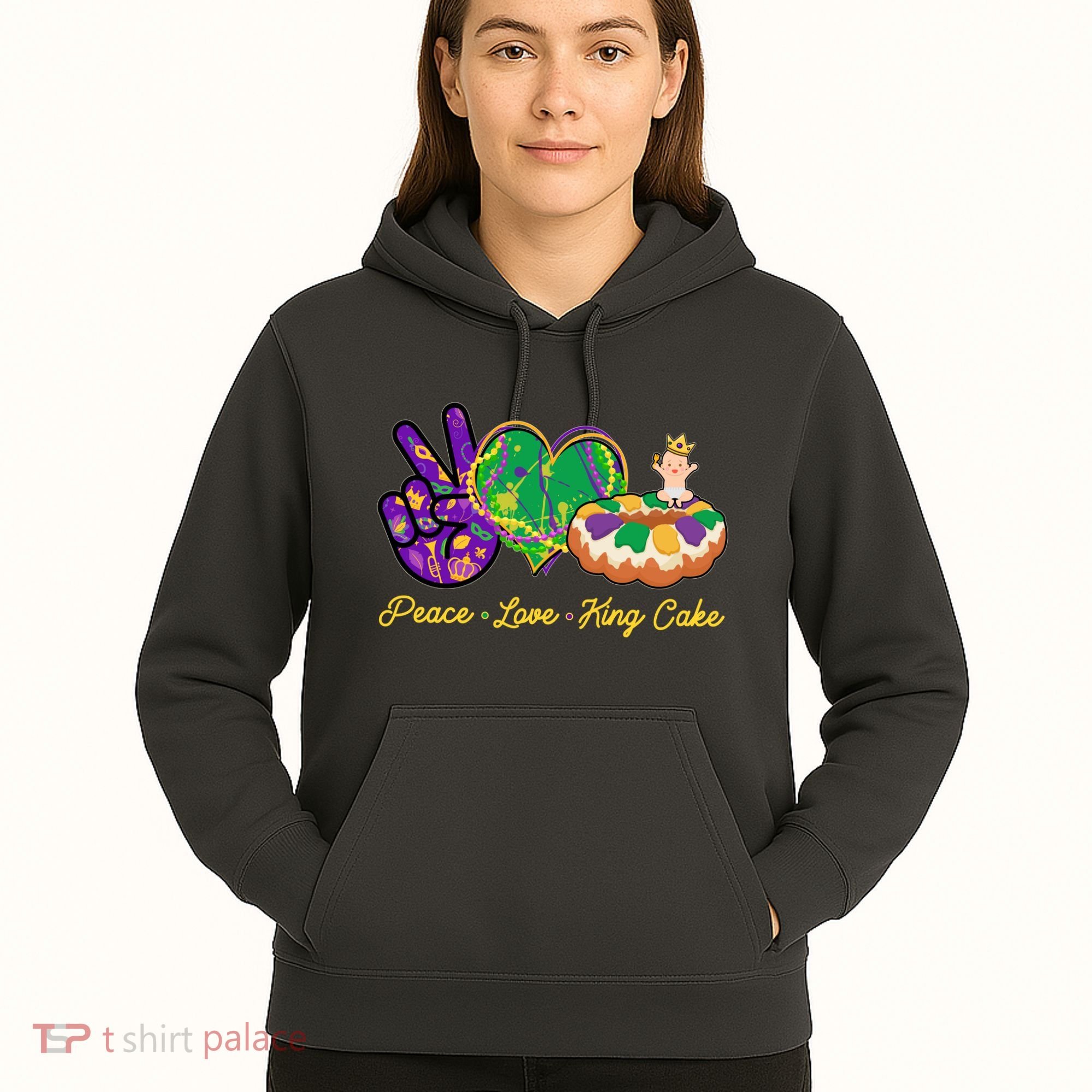 Funny Mardi Gras Peace Love King Cake Hoodie